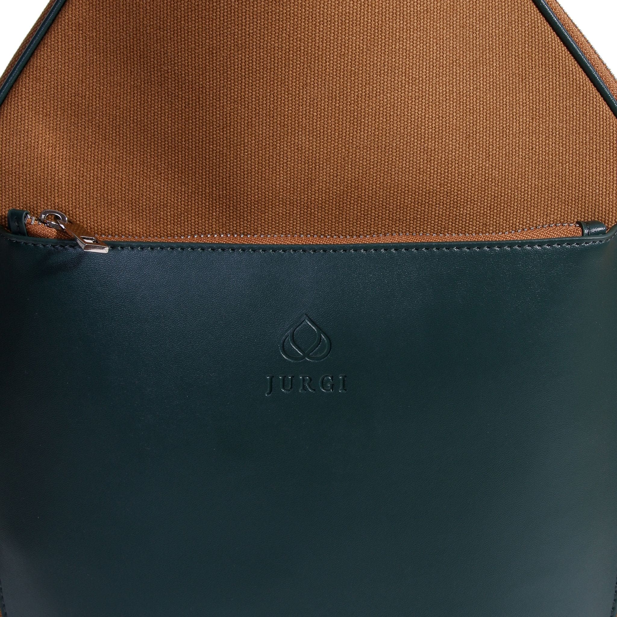 Close-up of a Tennis racquet bag with a brown textured fabric upper section and a dark green leather lower section. The leather is embossed with the brand name JURGI and a logo, while a zipper runs along the seam between both materials.