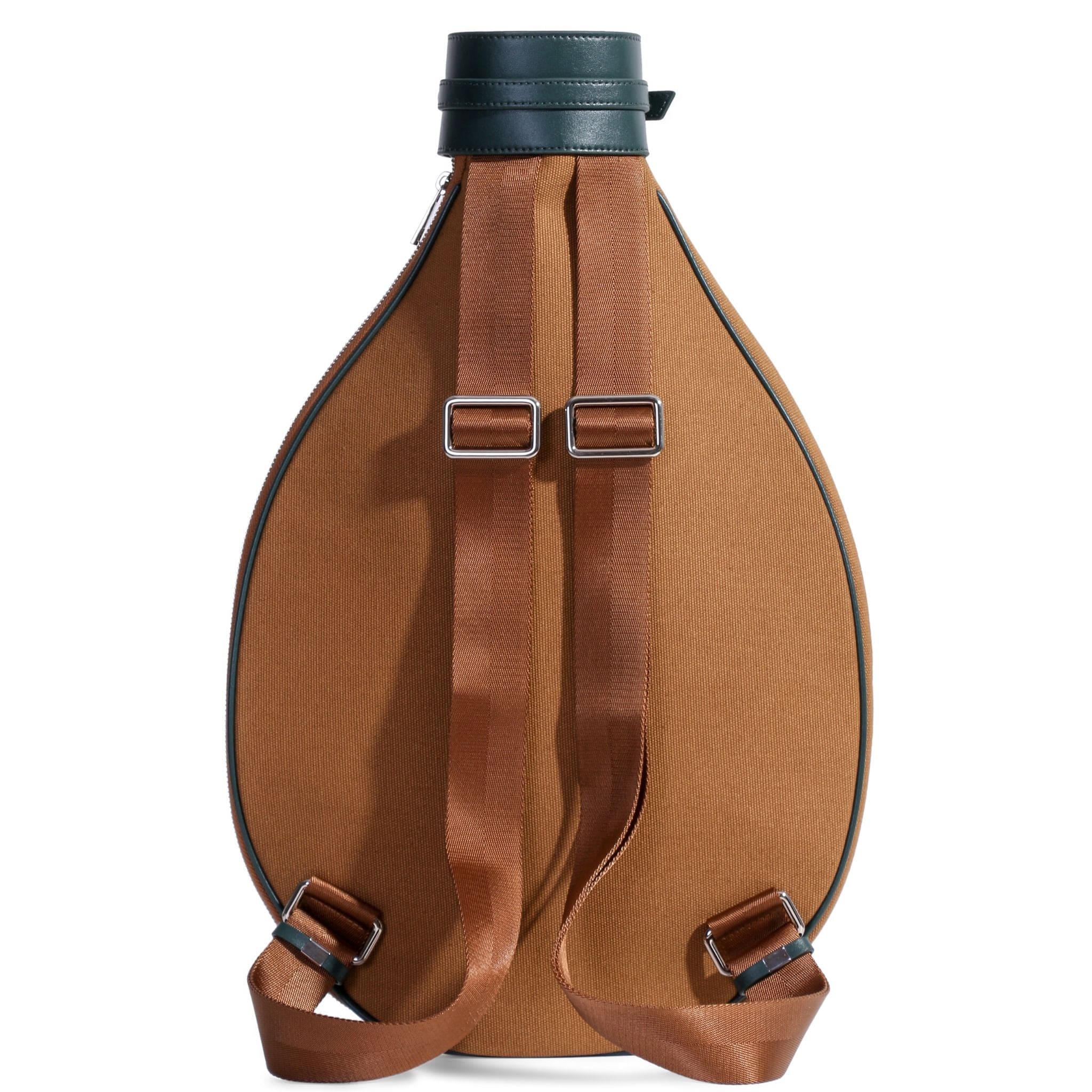 A brown canteen-shaped canvas tennis bag with a green cap and brown adjustable shoulder straps, standing upright against a white background.