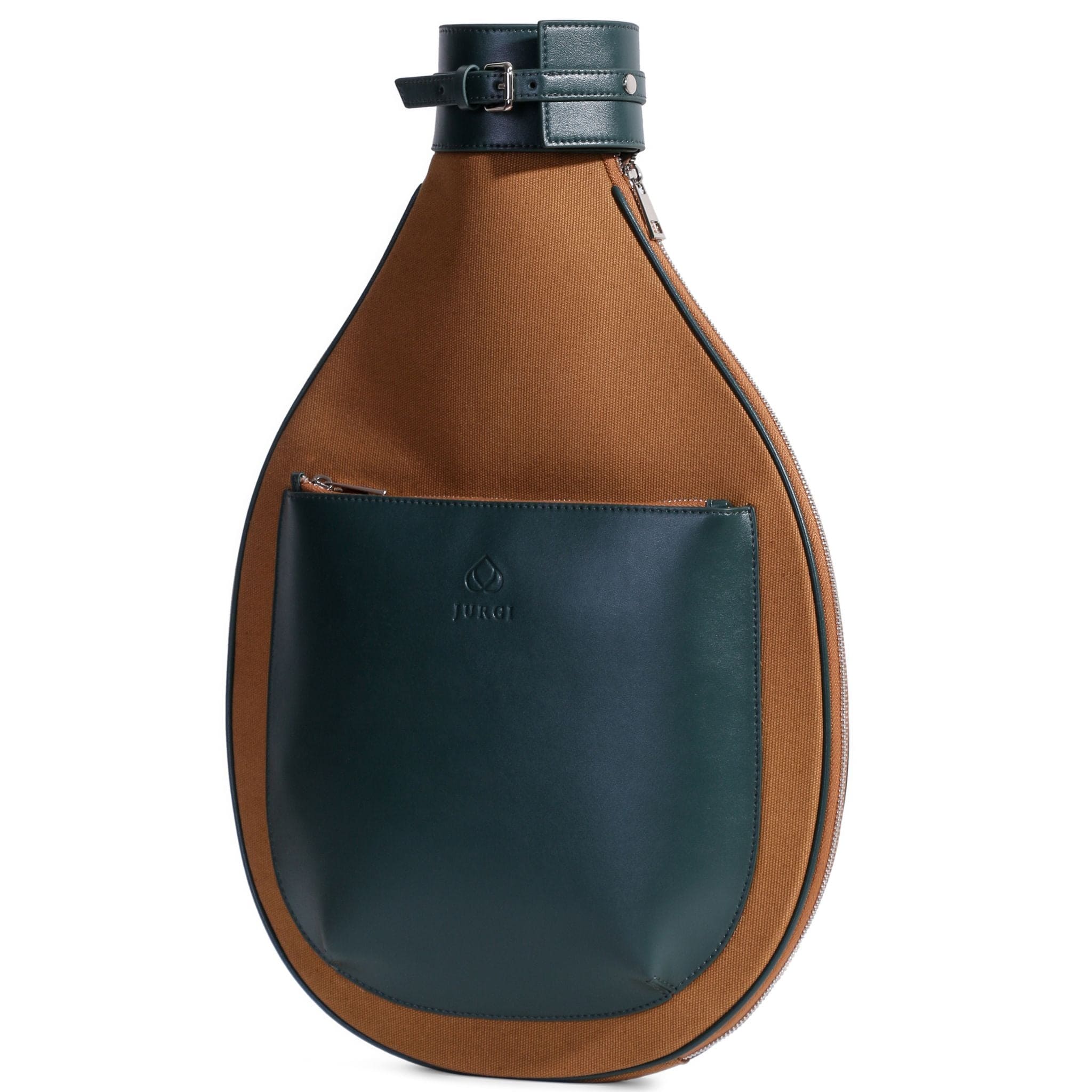A stylish, oval-shaped canvas tennis bag with a brown fabric body, dark green leather front pocket, and matching strap and trim. The bag features a zipper around the edge and a metal buckle near the top—perfect as a chic tennis racquet bag.
