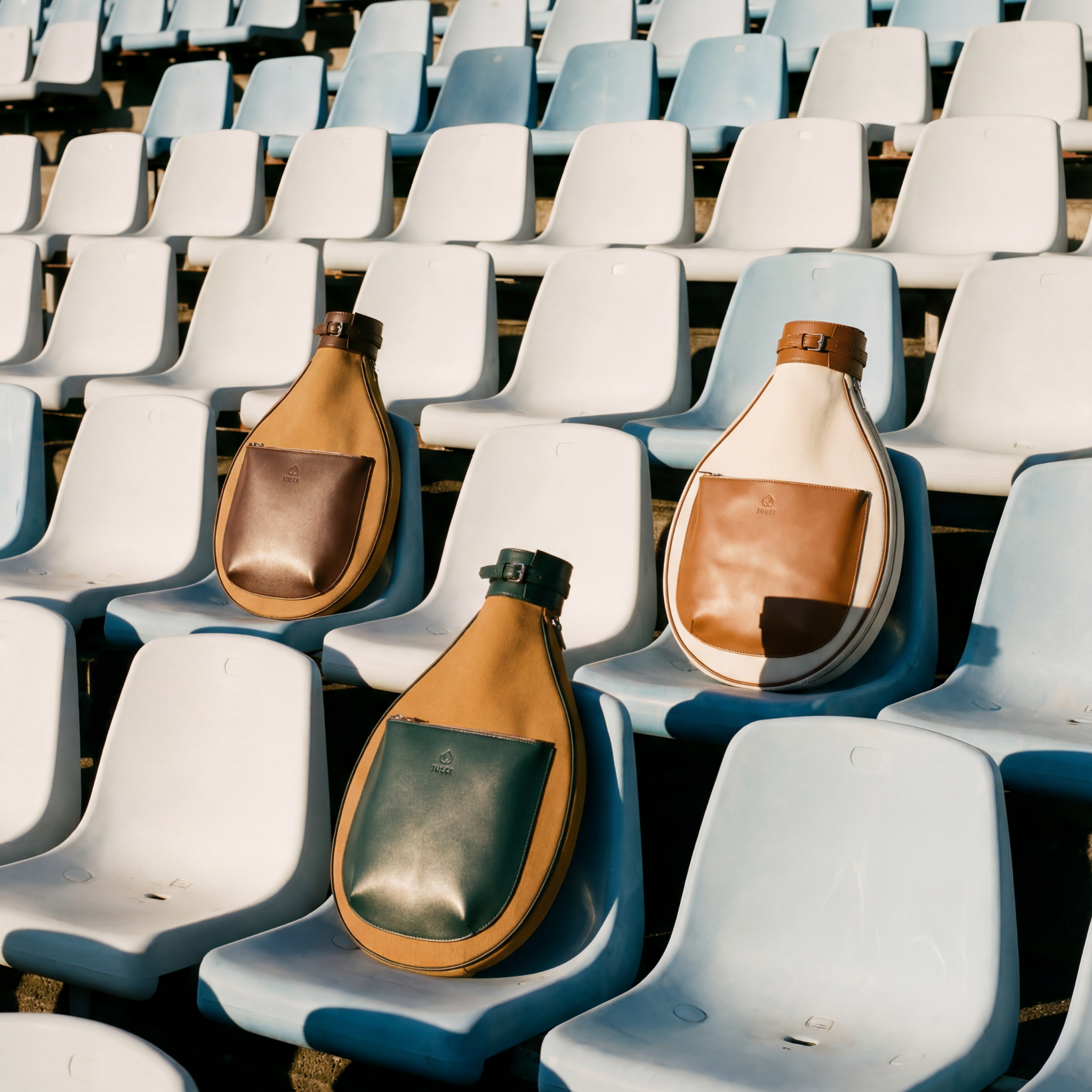 Three leather bags shaped like tennis rackets are placed on empty, light blue stadium seats. Each bag is a different color: dark brown, dark green, and tan with white trim. The seats are bathed in sunlight.