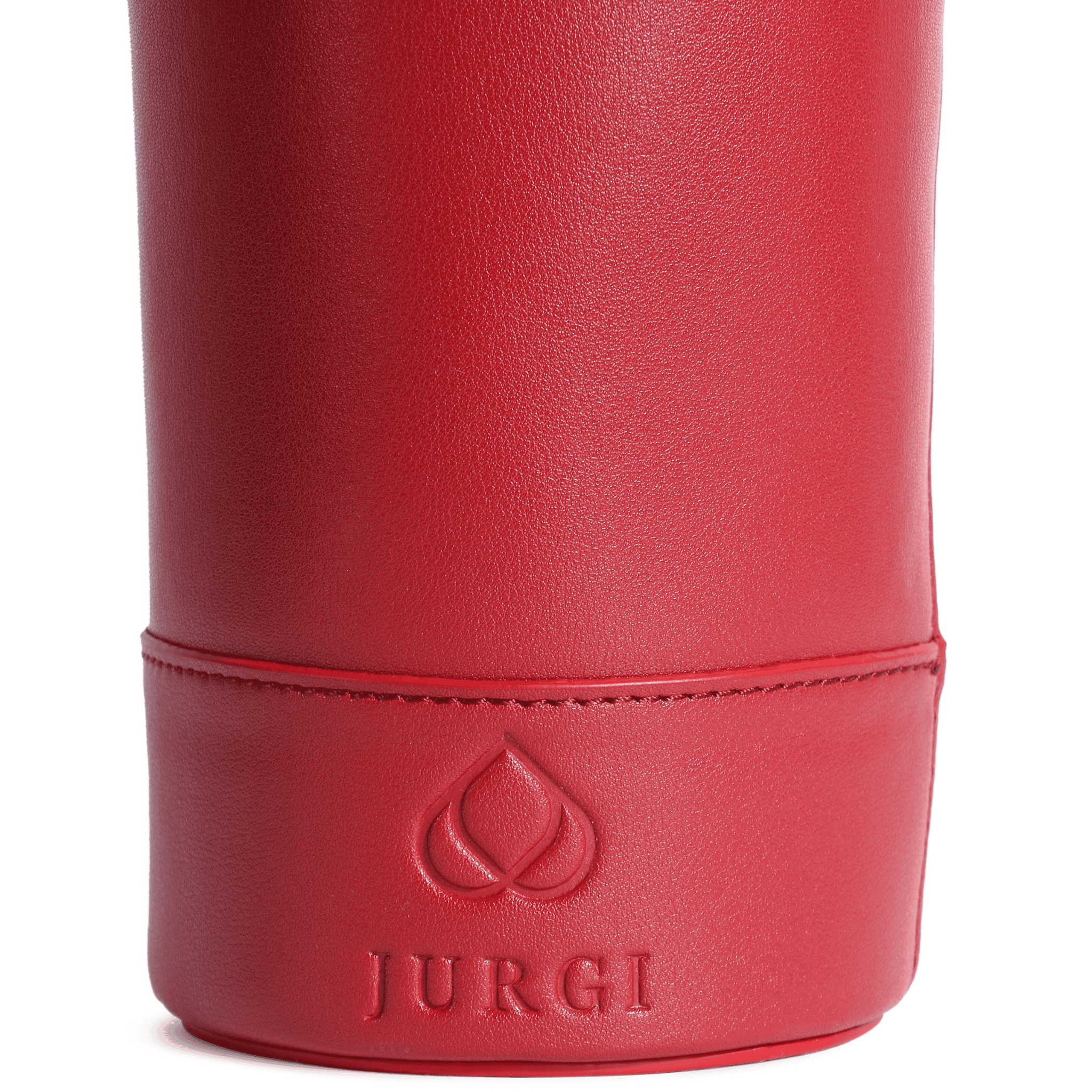 A close-up of a red leather wine carrier made from full-grain leather, with the brand name JURGI and a leaf-like logo embossed near the bottom—perfect for stylish wine gifting.