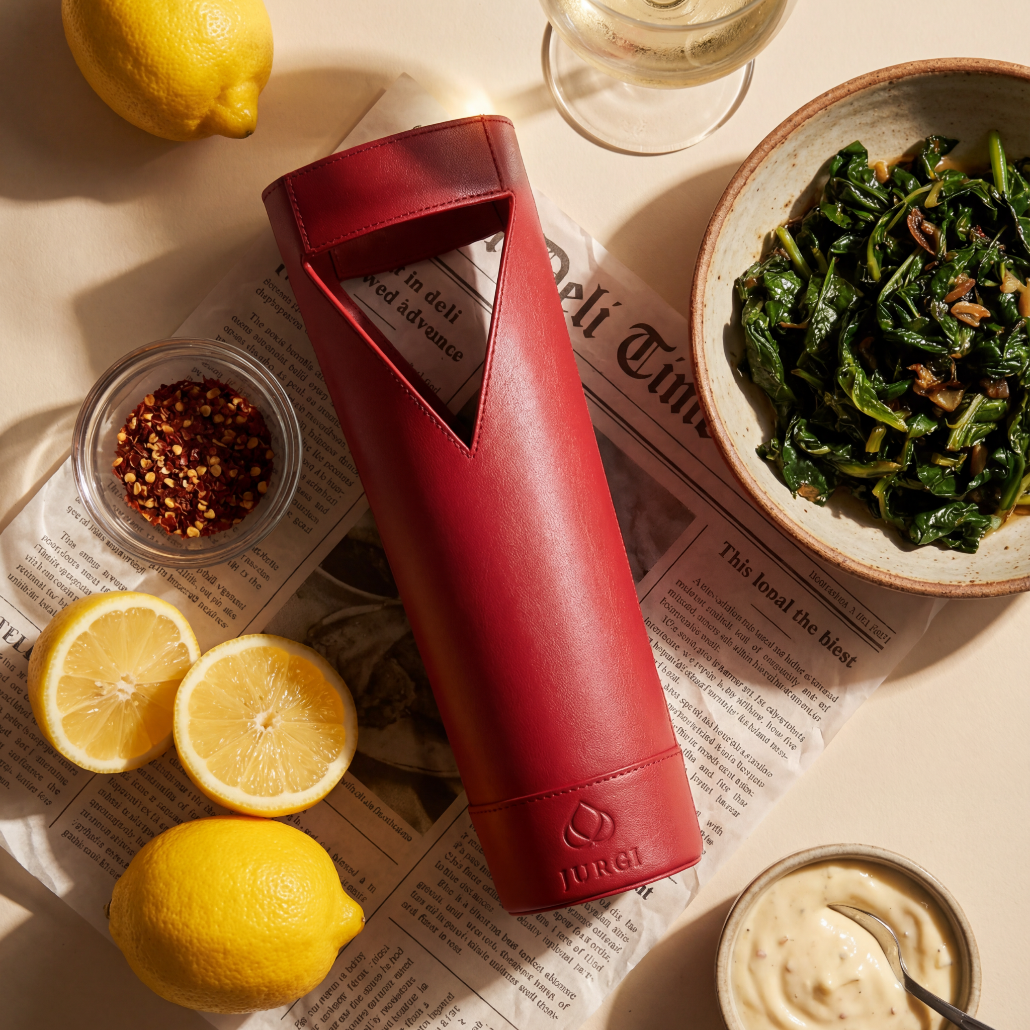 A red Durci wine bottle holder is placed on a newspaper next to a bowl of sautéed greens, a glass of white wine, yellow lemons, a small bowl of red pepper flakes, and a dish of creamy sauce.