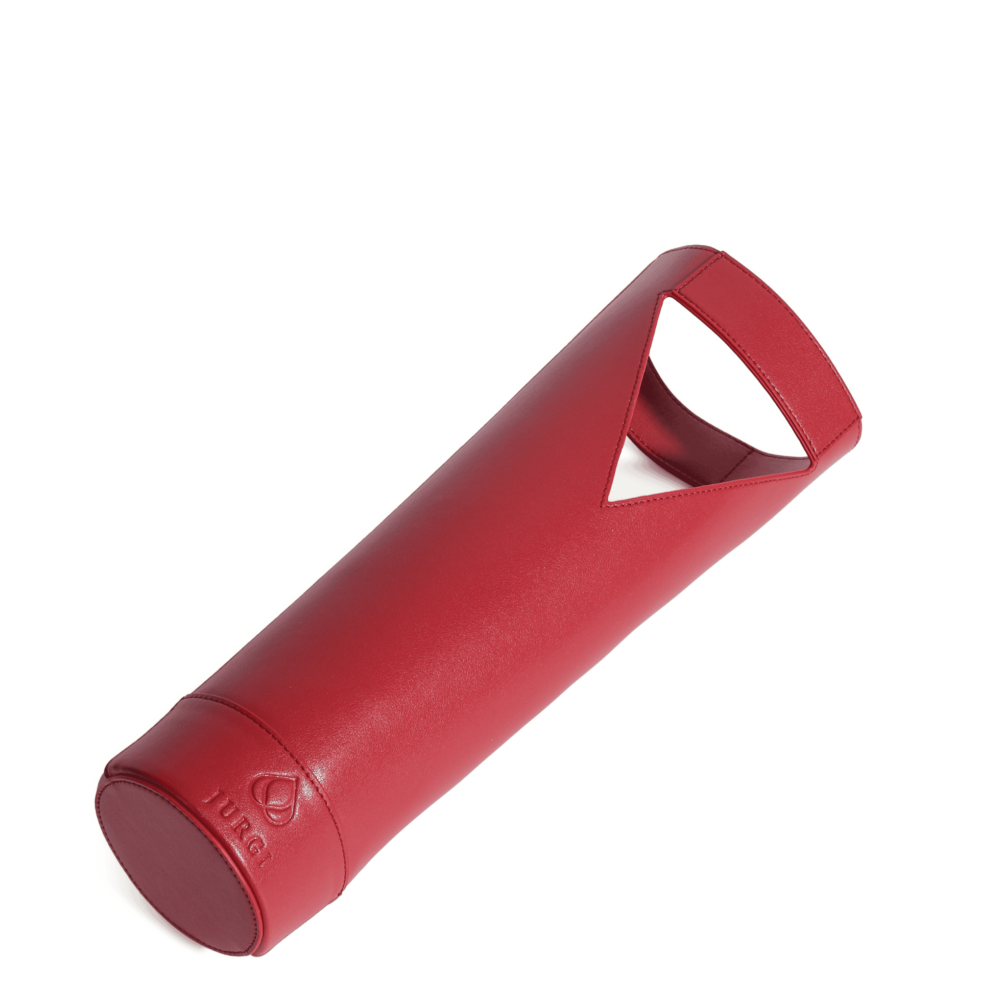 A red full-grain leather cylindrical object with a triangular cutout near one end, possibly a stylish leather wine carrier for wine gifting. The brand name JURGI is embossed on the base.