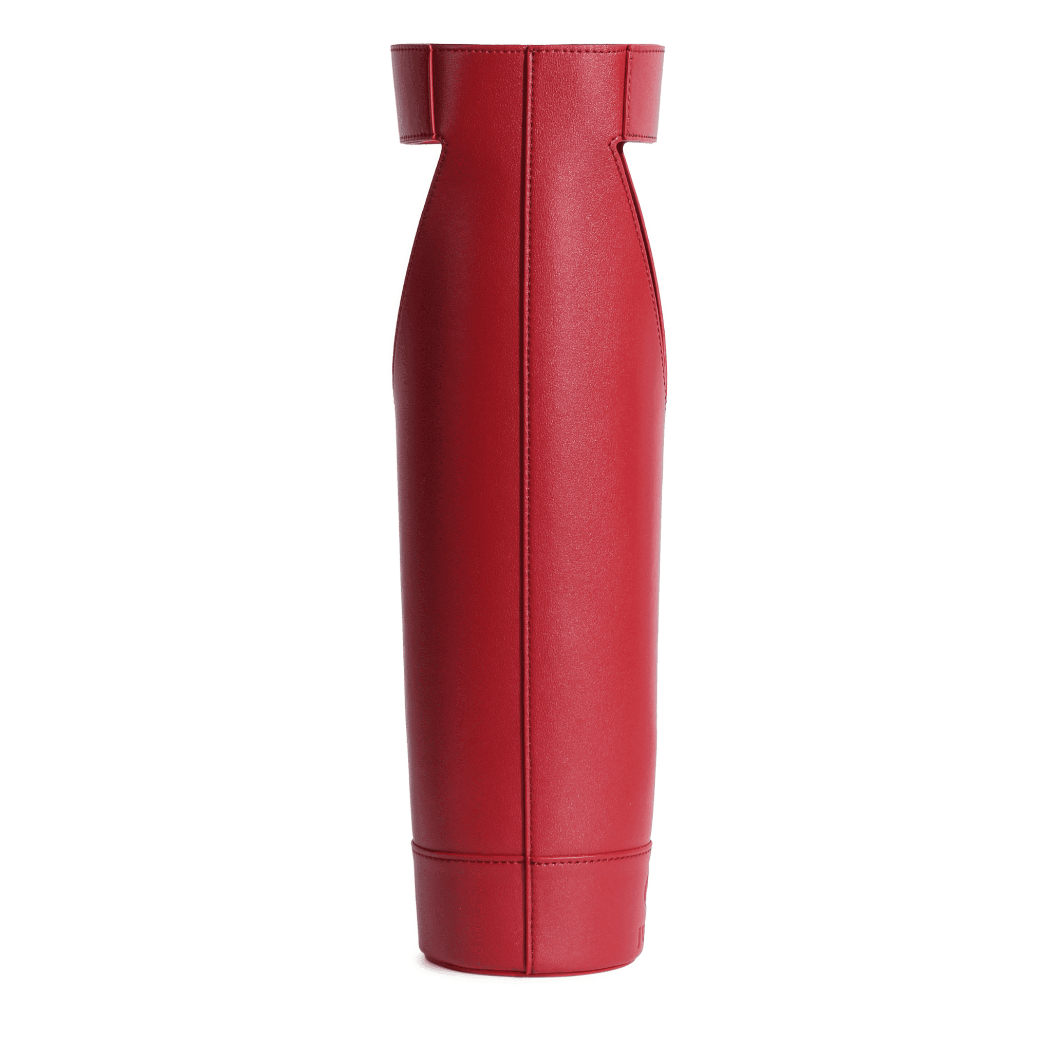 A tall, sleek leather wine carrier in striking red full-grain leather stands upright, photographed from the side against a white background. Its structured shape, visible stitching, and flat base make it perfect for elegant wine gifting.