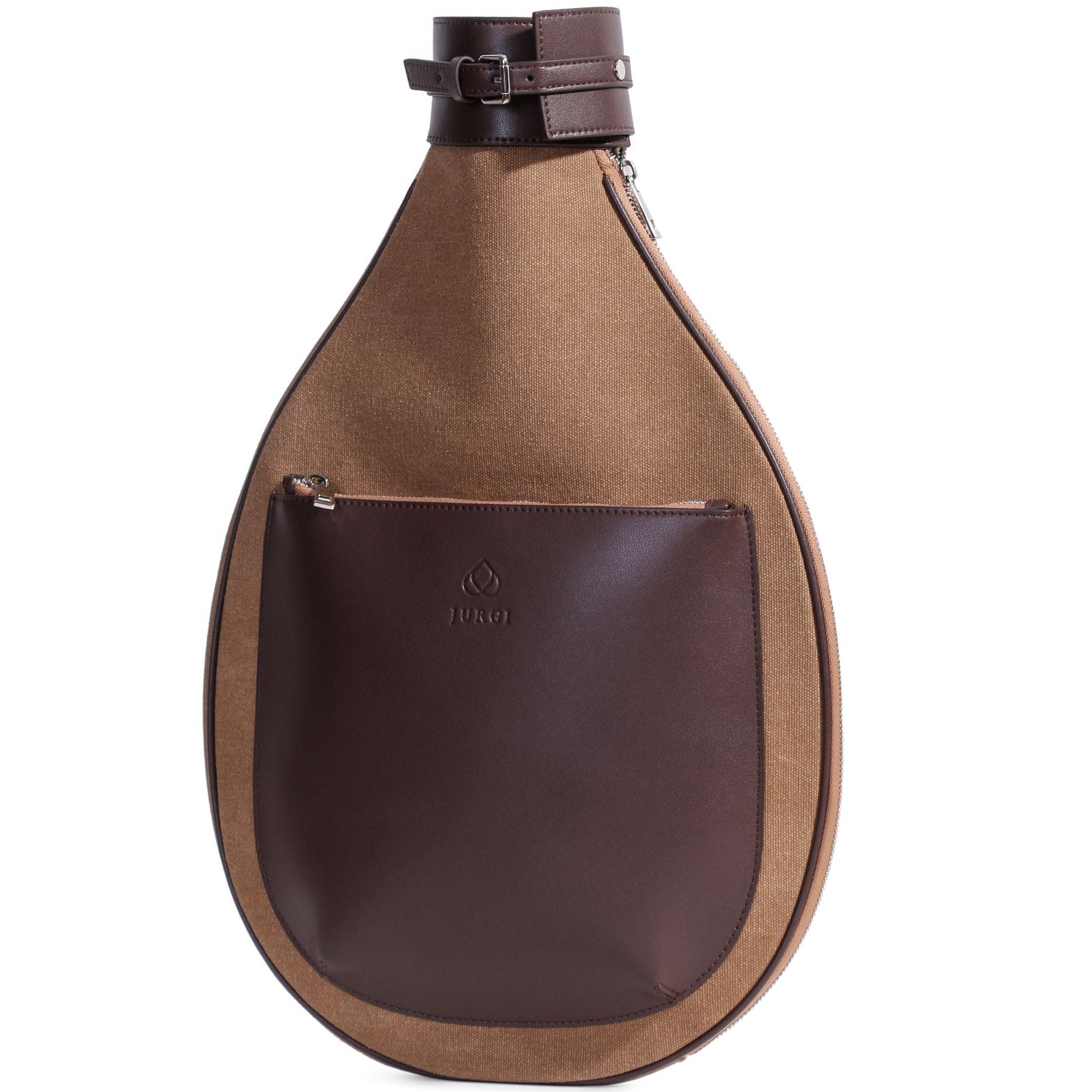 A stylish, teardrop-shaped leather tennis bag with a brown leather front pocket and trim, a beige fabric body, zipper closure, and a leather buckle at the top. The brand logo is embossed on the leather pocket.