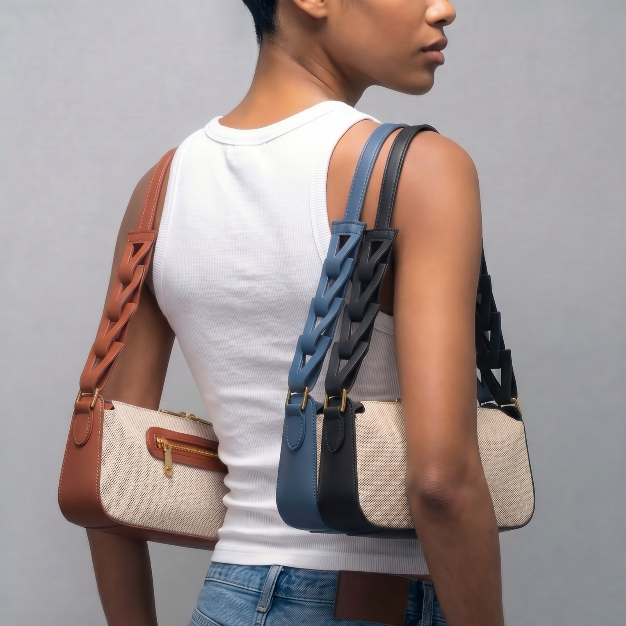 JURGI Mano Bag - Canvas & Dusty Blue Leather – side view