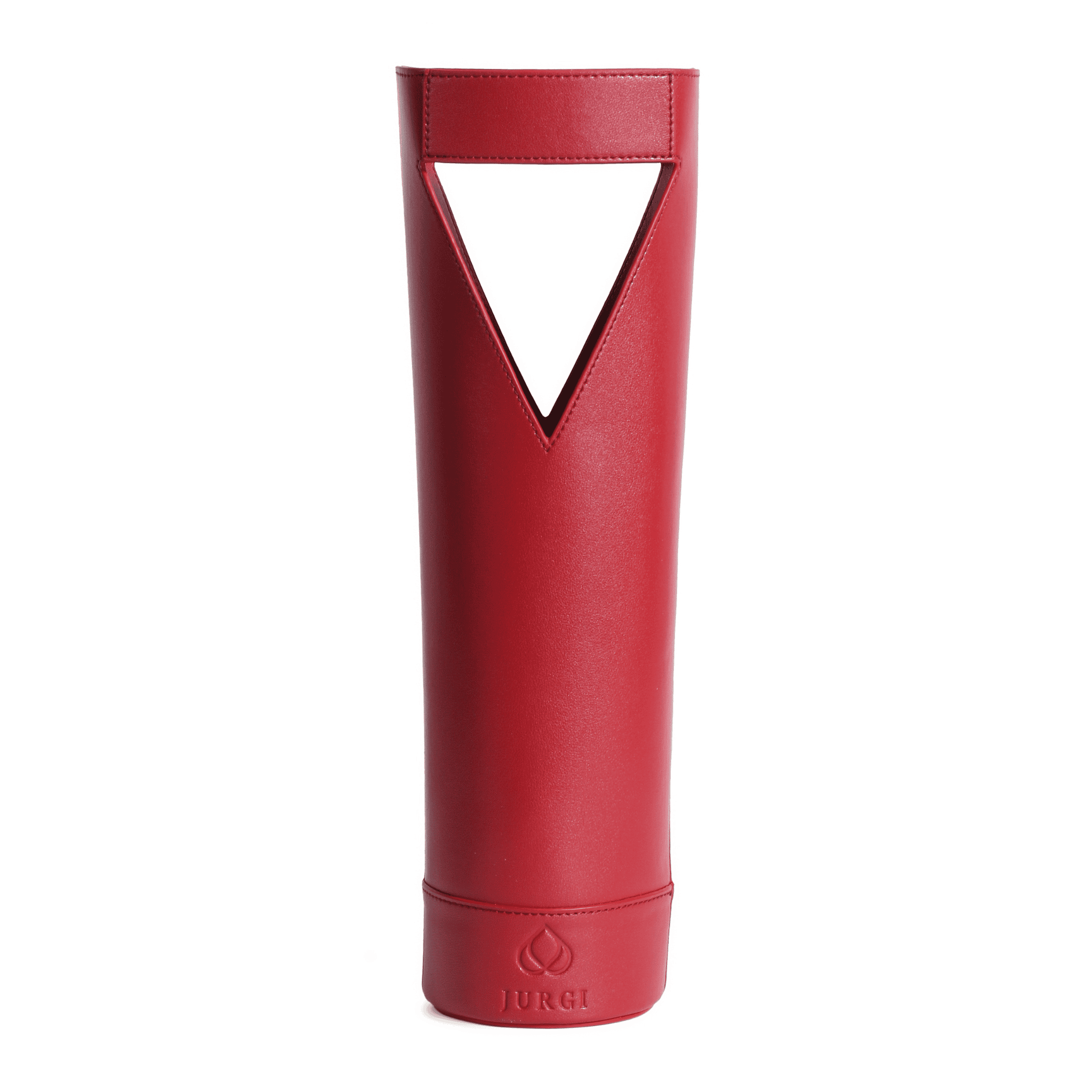 A tall, cylindrical red full-grain leather wine carrier with a triangular cutout handle near the top and the brand name JURGI embossed near the base—perfect for elegant wine gifting.