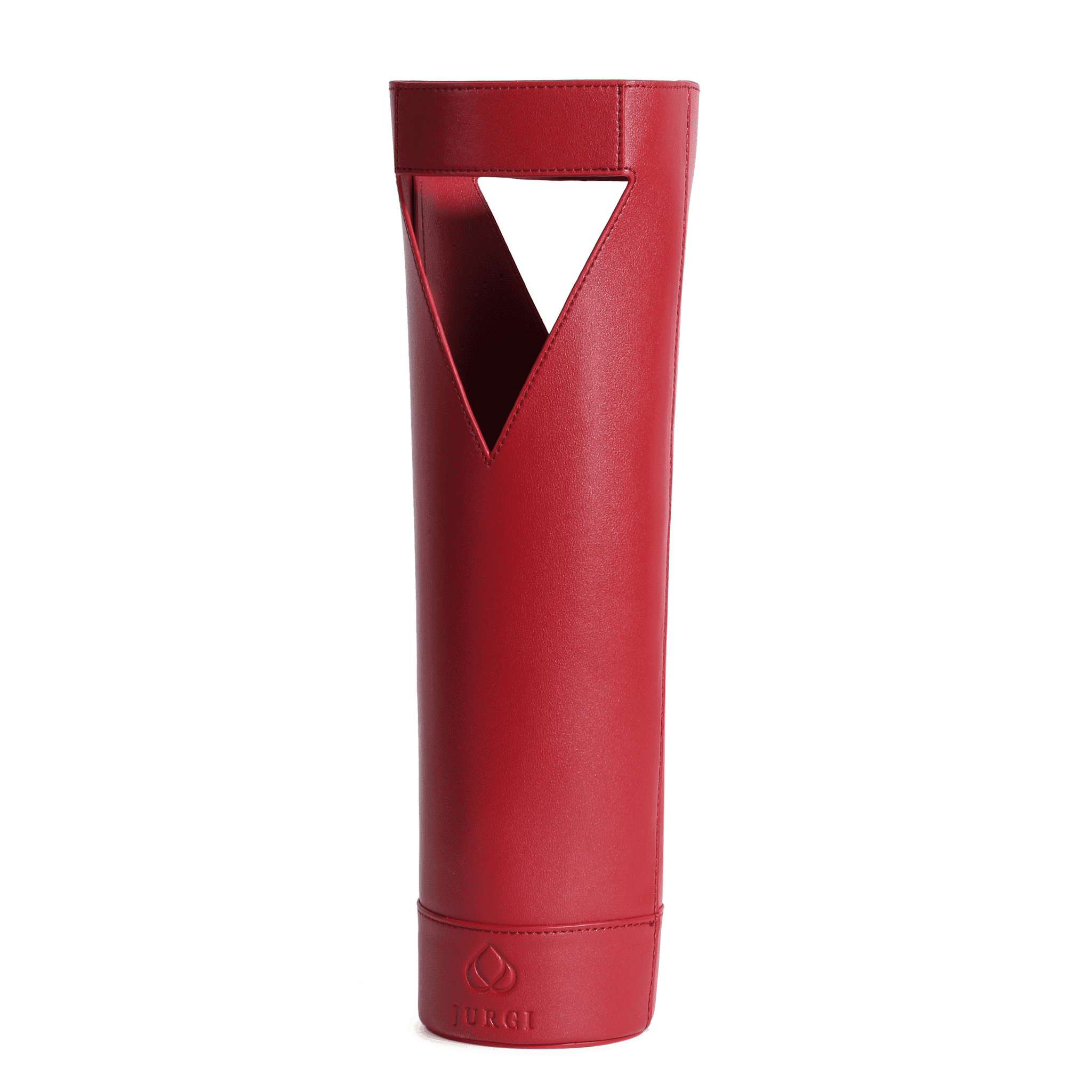 A tall, cylindrical red full-grain leather wine carrier with a triangular cutout handle near the top. The bottom features an embossed logo with JURGI below it. Its sleek, modern design makes it perfect for elegant wine gifting.