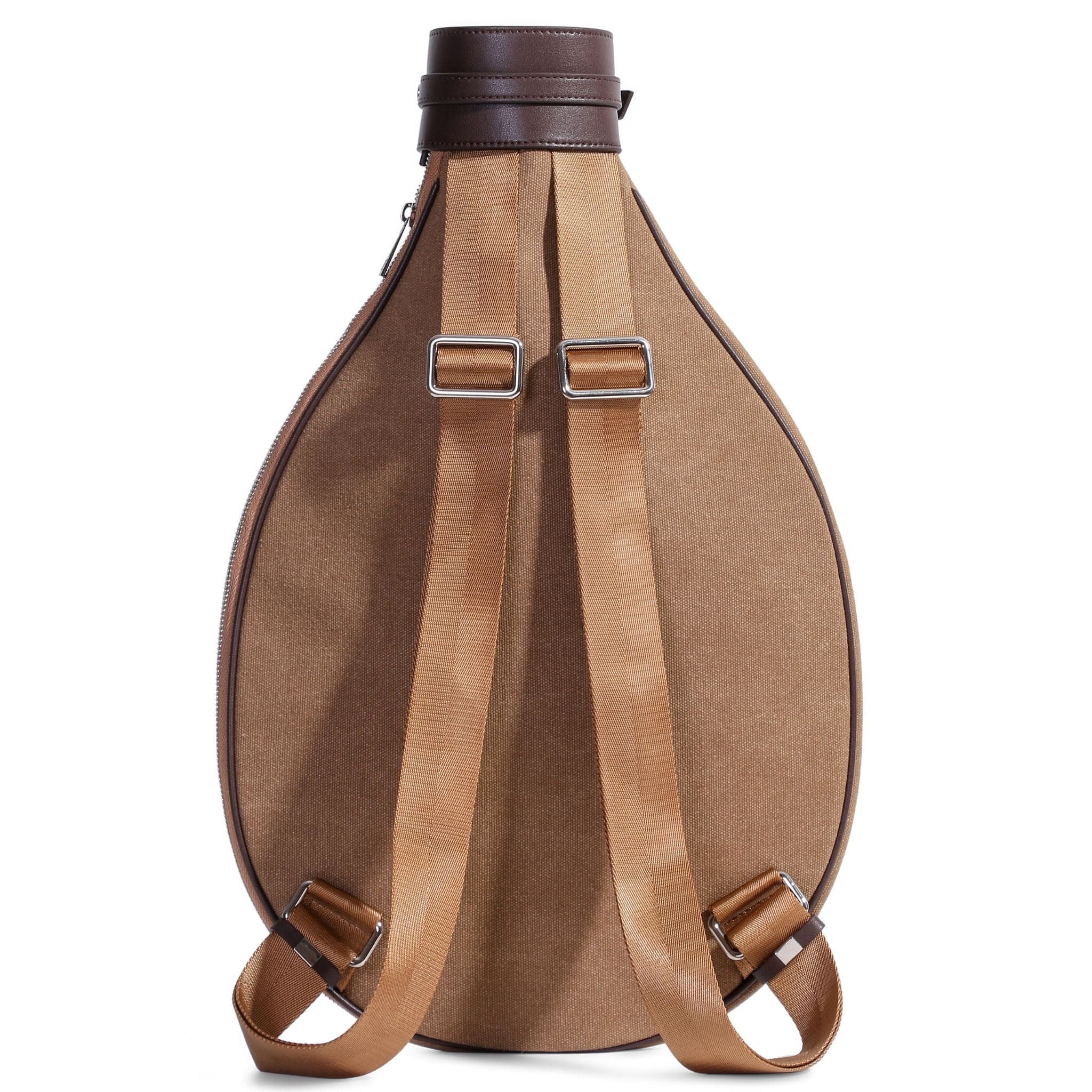 A teardrop-shaped brown canvas tennis bag with tan adjustable shoulder straps, dark brown leather accents at the top, and silver hardware, shown from the back against a white background.