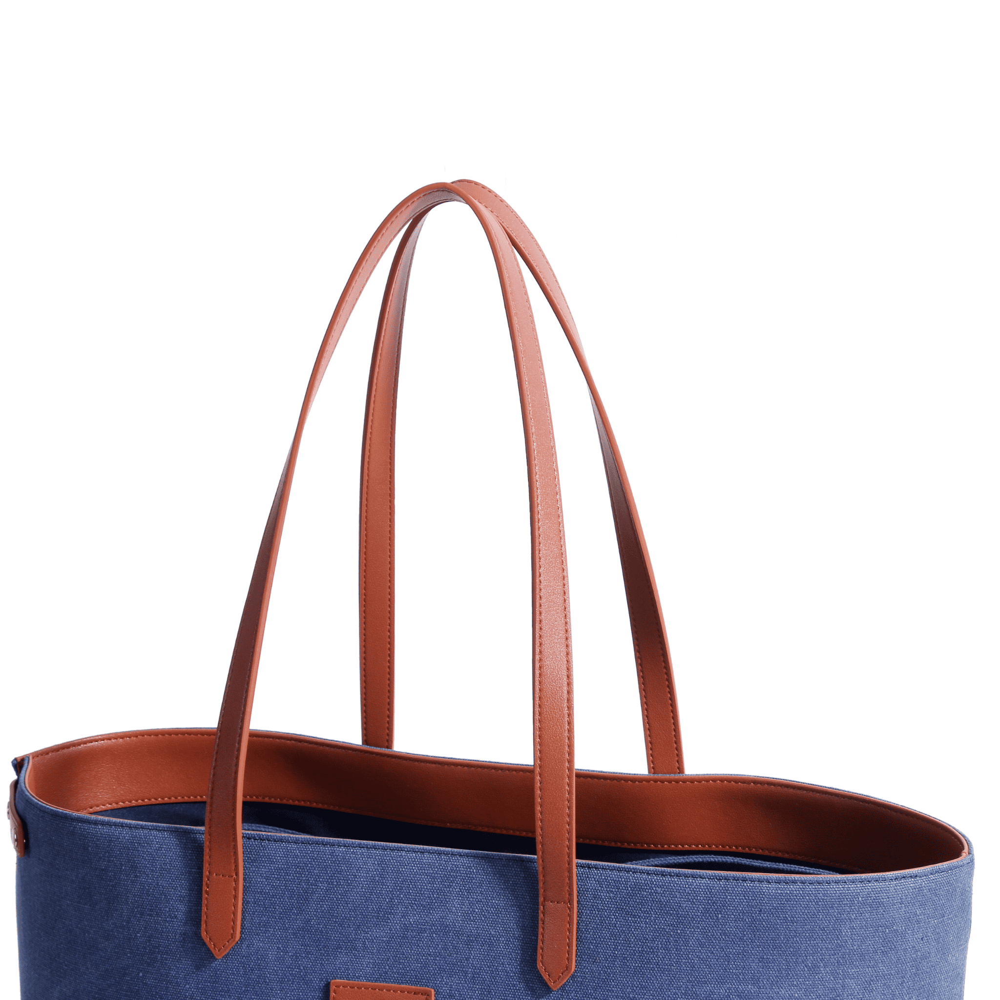 A blue canvas leather court bag with brown leather handles and trim, shown partially open against a white background.