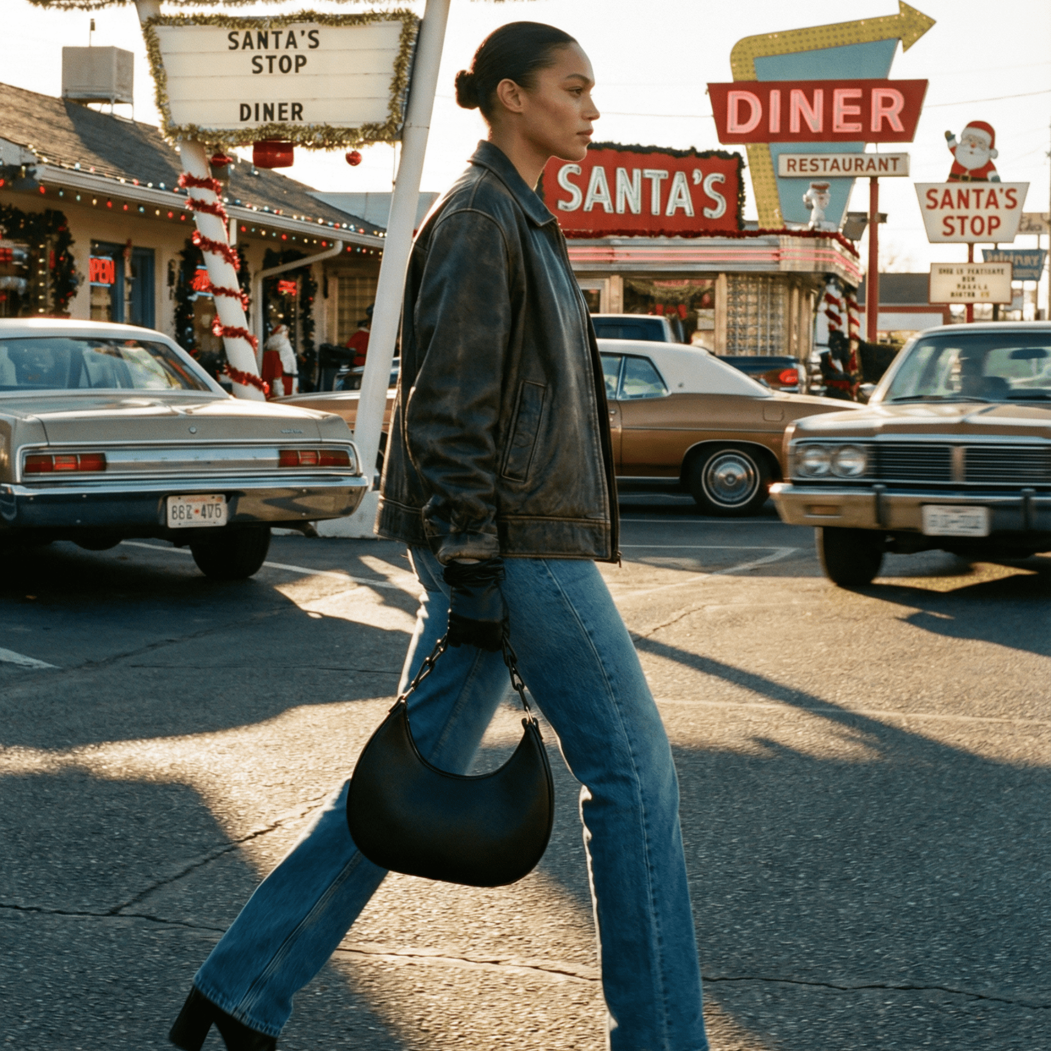 A woman in a leather jacket and jeans crosses a street in front of vintage cars, carrying a structured purse, with Christmas decorations and signs for Santas Stop and a diner in the background.
