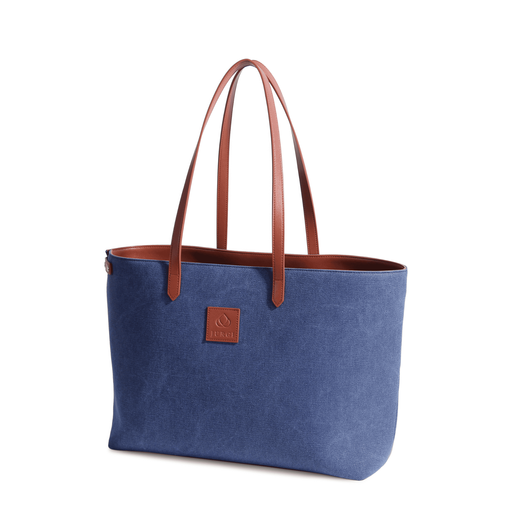 A blue canvas leather court bag with brown leather handles and trim, featuring a logo patch on the front, photographed against a white background.