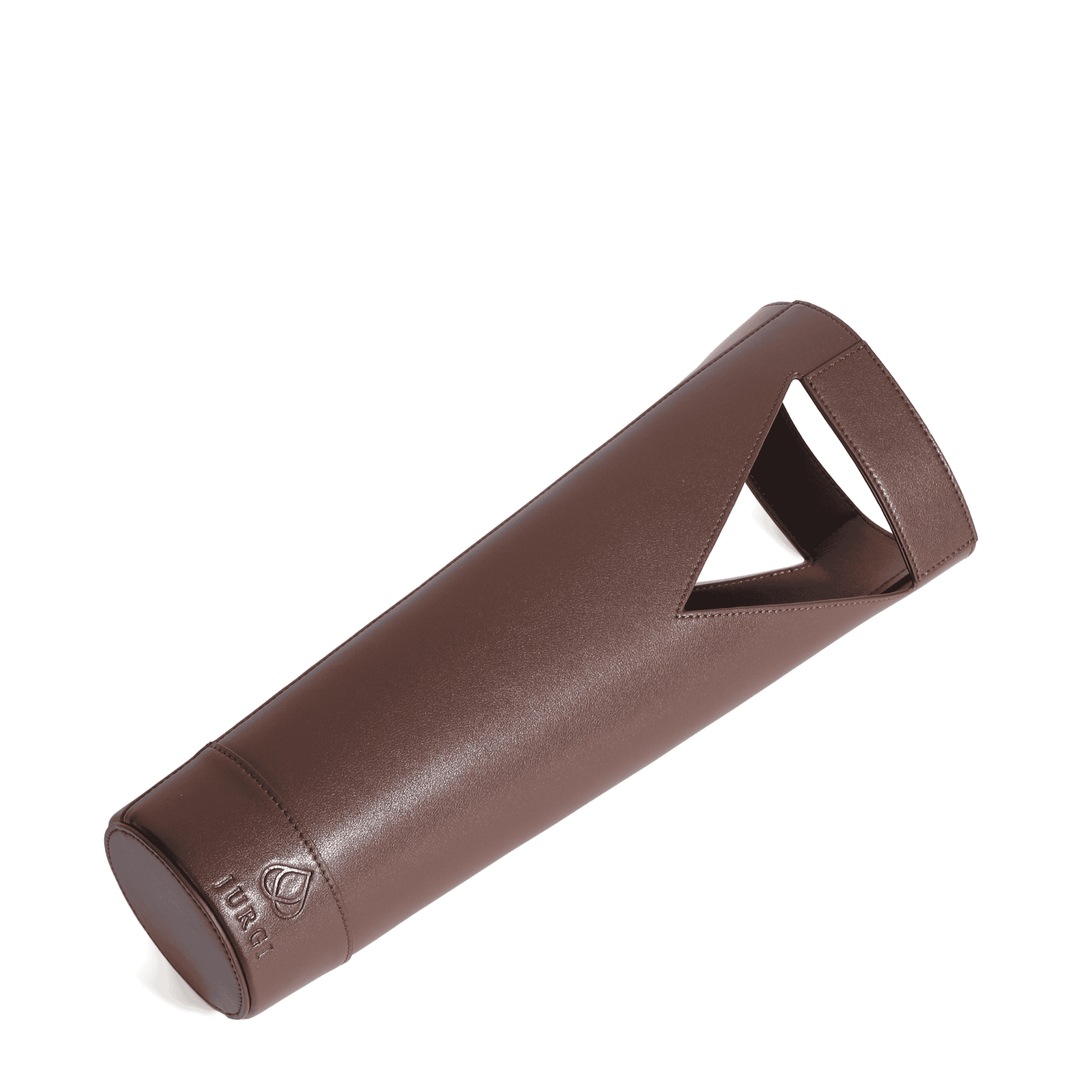 A brown, cylindrical leather wine bag with a triangular handle cutout, lying angled on a white background. The brand logo JURGI is embossed near the base, making it a stylish choice for a wine gift bag.