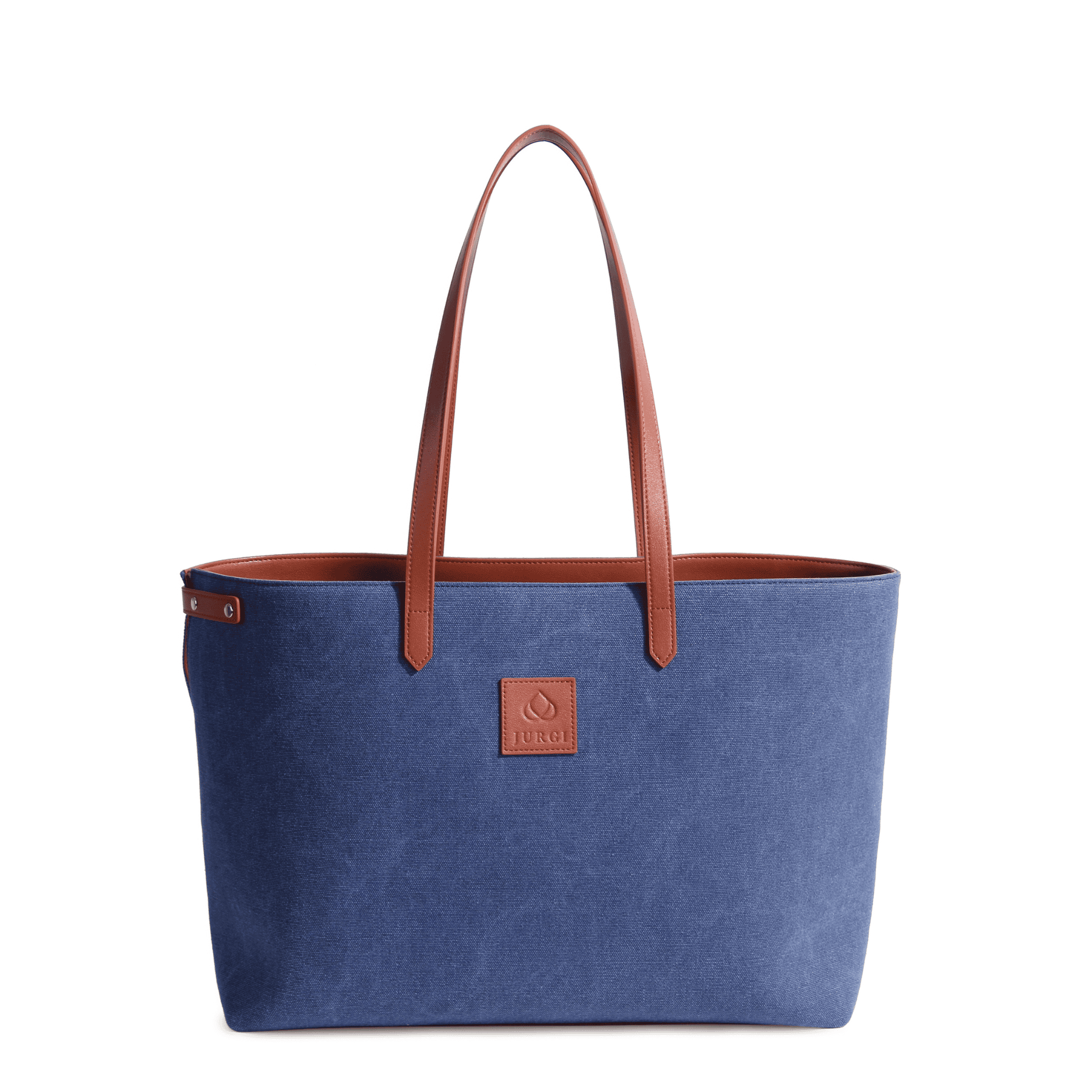A blue canvas leather court bag with brown leather handles and a logo patch on the front, perfect as a stylish tennis racket tote, set against a white background.
