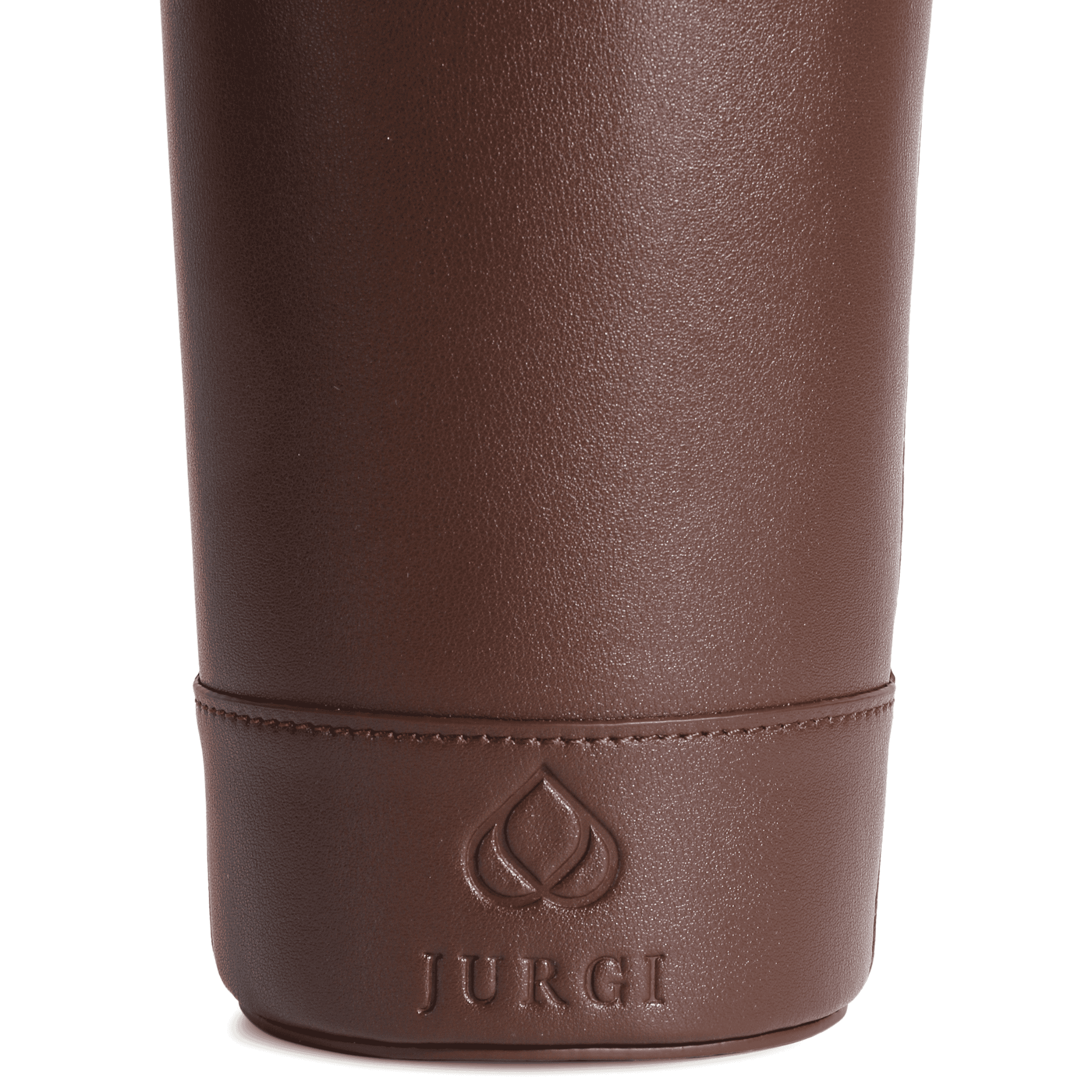 A close-up of a brown leather wine bag with visible stitching. The container features an embossed droplet-shaped logo above the word JURGI near the bottom, adding elegance as a wine gift bag or champagne bottle holder.