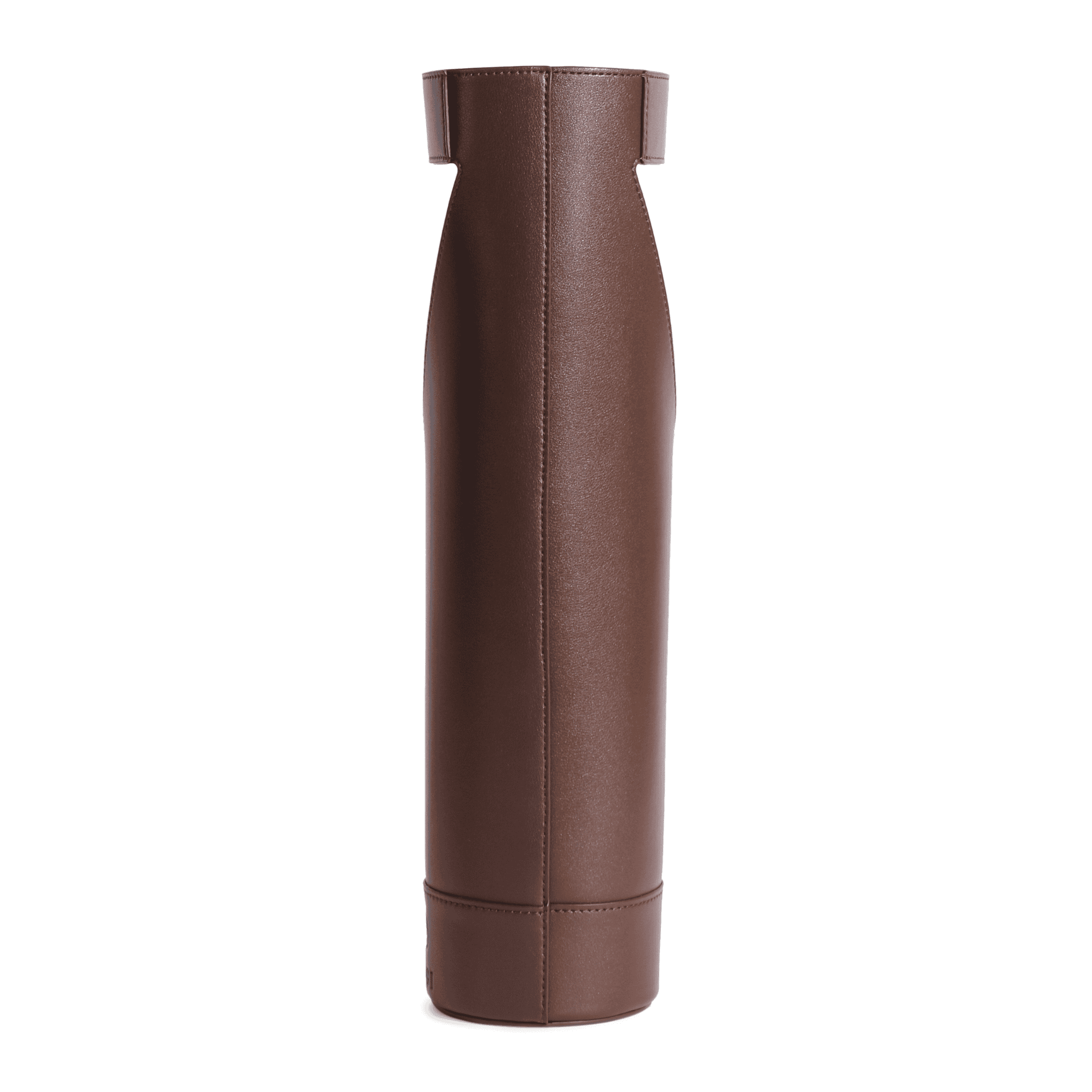 A tall, cylindrical leather wine bag with a stitched seam running vertically along the center, this brown champagne bottle holder is photographed against a white background.