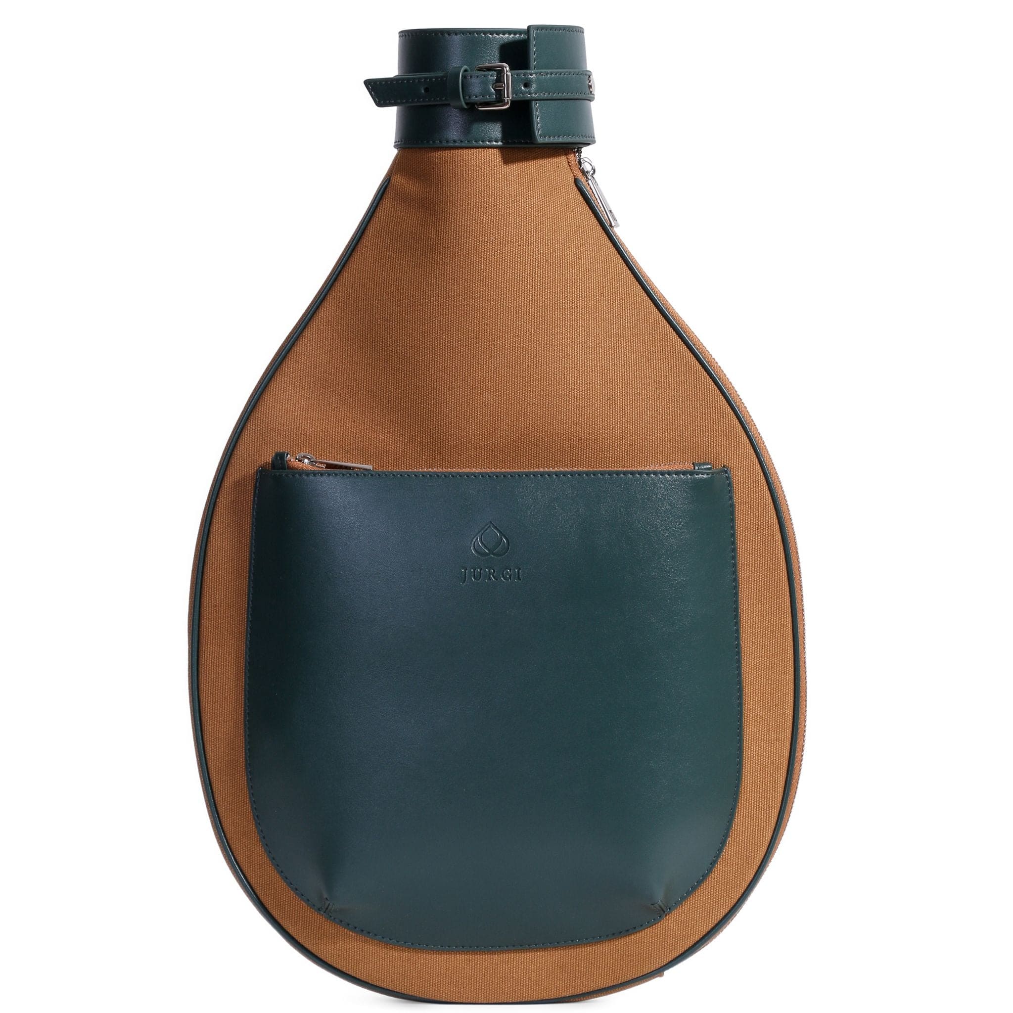 A teardrop-shaped canvas tennis bag with a brown body, dark green leather front pocket, trim, and top strap with buckle. The pocket features a zipper and an embossed logo for stylish storage on or off the court.