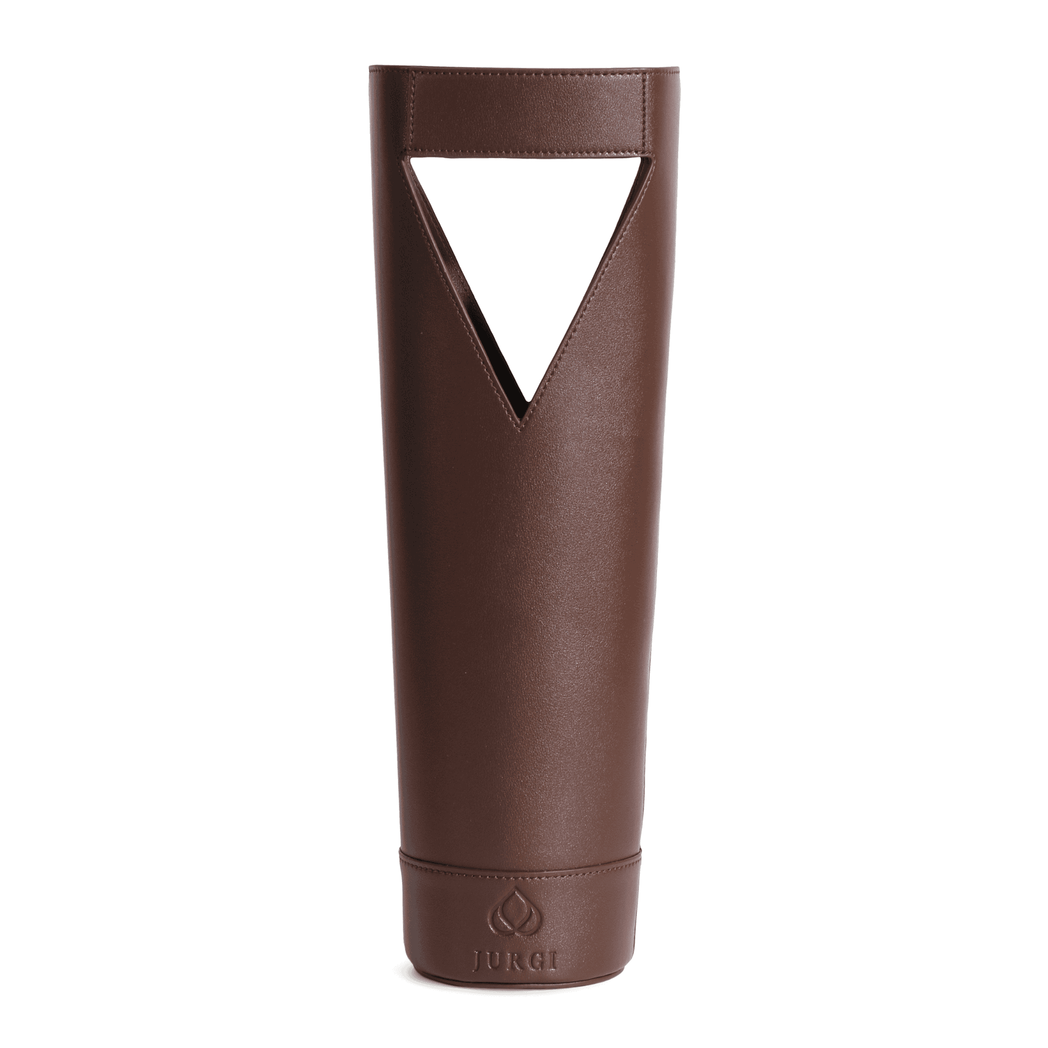 A tall, brown, cylindrical leather wine bag with a triangular cutout near the top and the word JURGI embossed above a leaf-shaped logo at the base—perfect as a stylish wine gift bag.