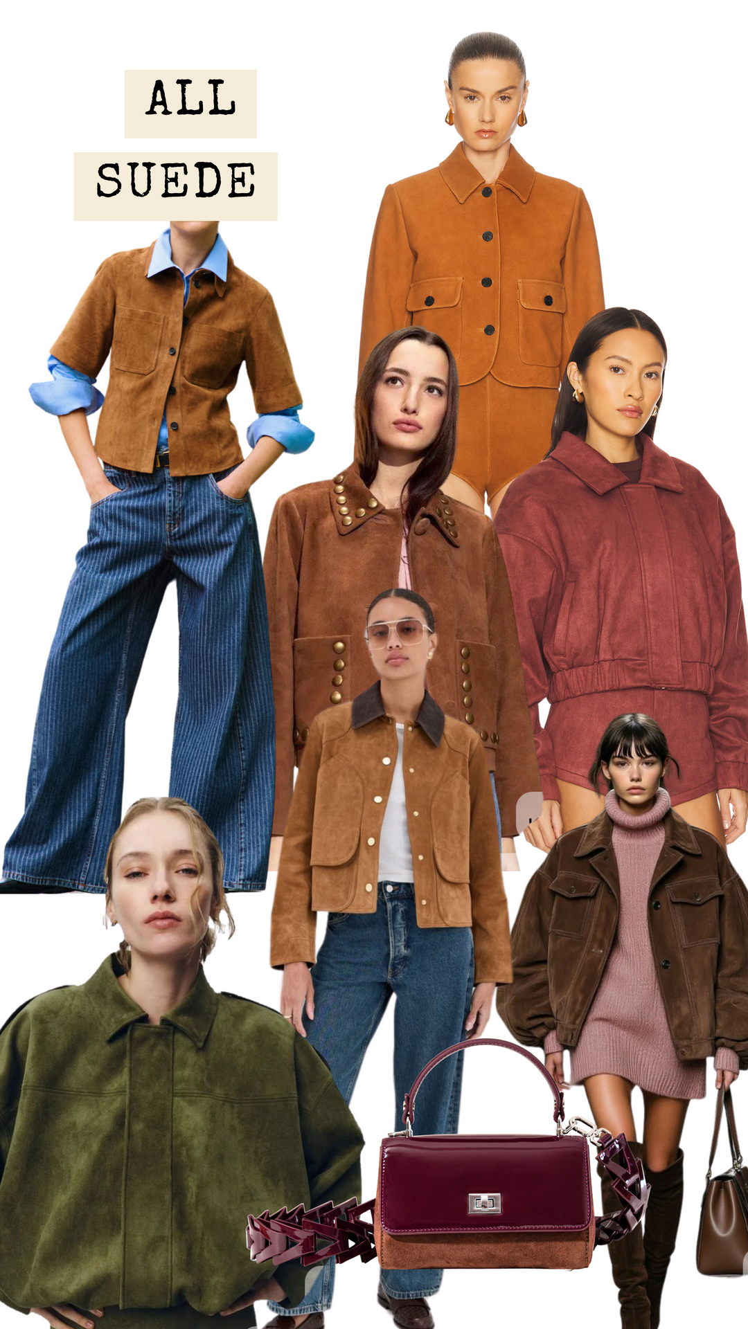 A collage of people wearing various suede jackets and clothing 