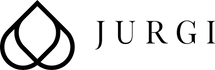 Black outline of an abstract, overlapping teardrop-shaped symbol on the left, next to the word JURGI in elegant, uppercase serif letters on a light background.