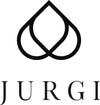A black outline logo resembles an abstract heart or water droplet shape above the word JURGI in bold, elegant capital letters on a white background.