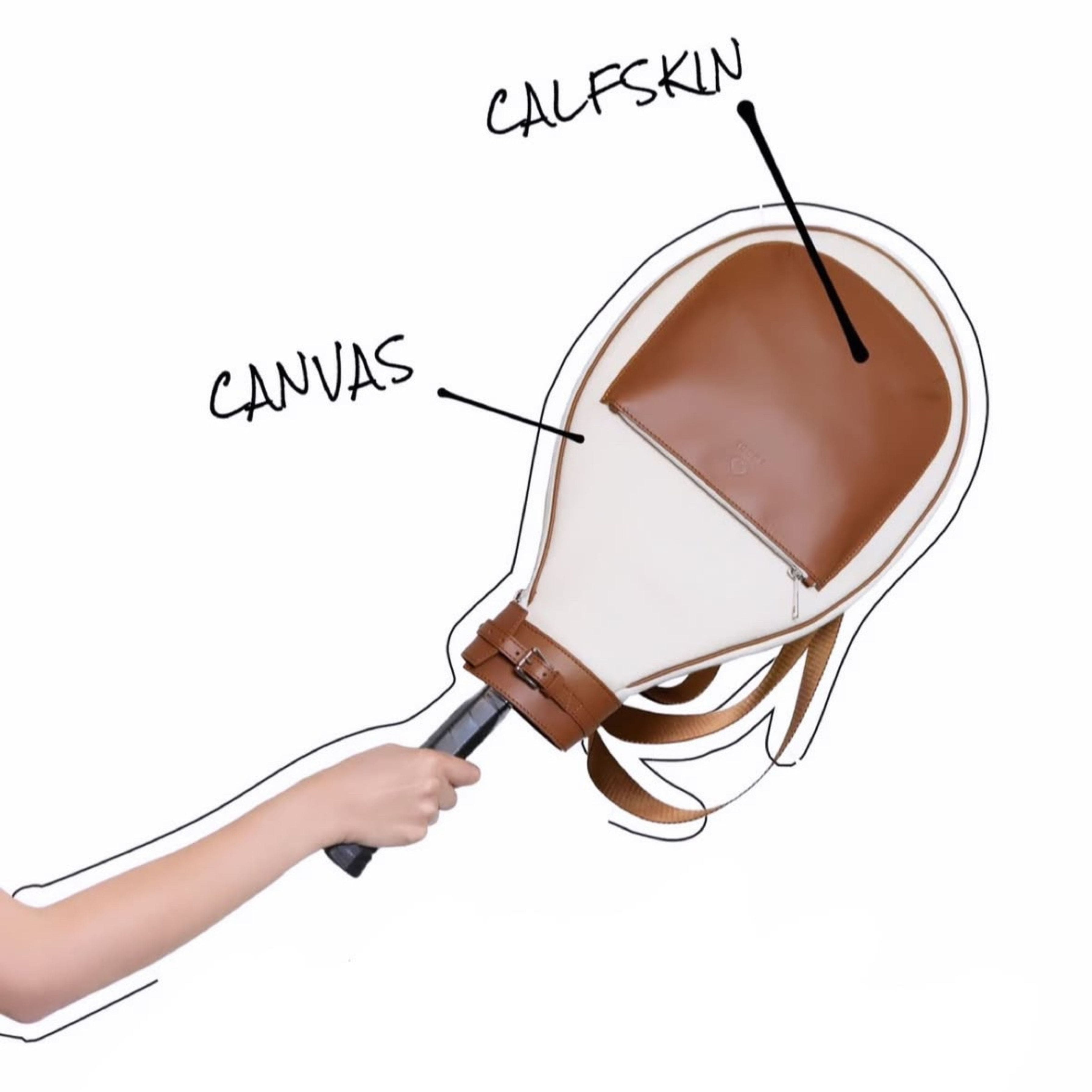 Diagram showing a leather and canvas bag with labeled 'Calfskin' and 'Canvas'.