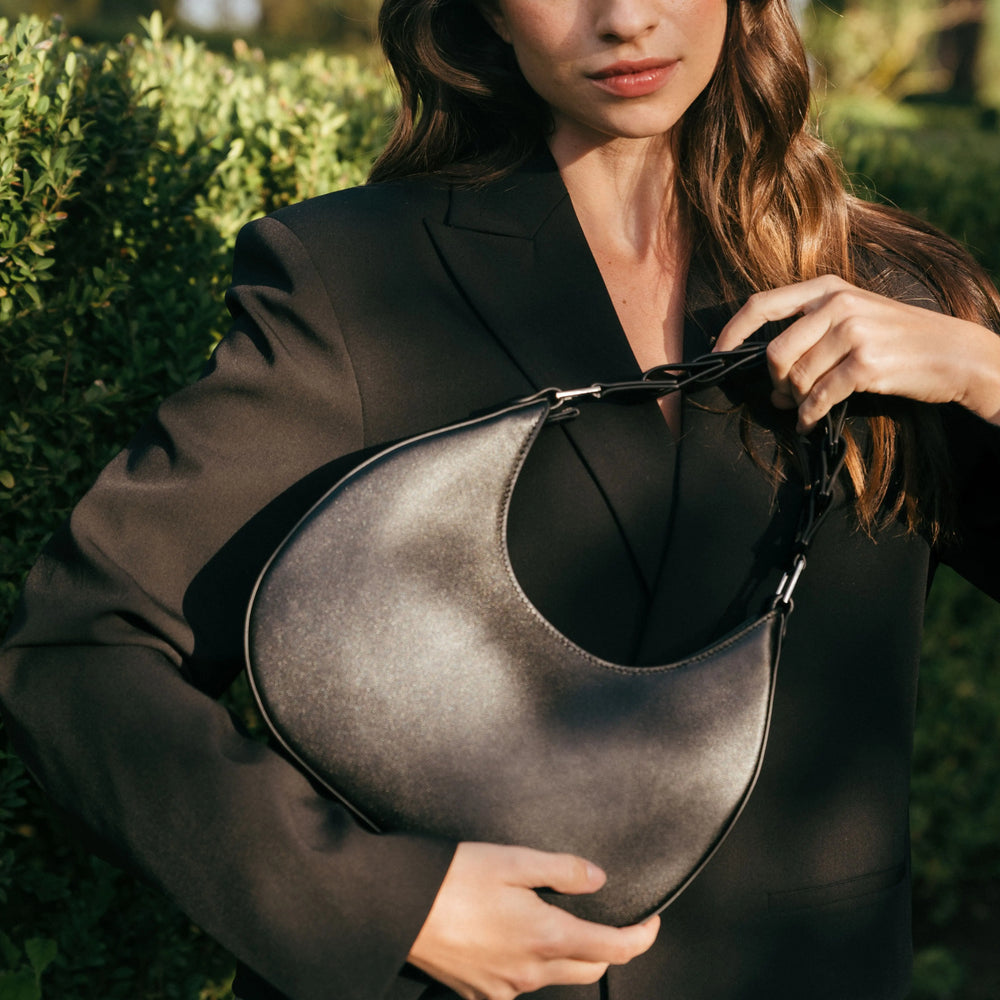 Black napa leather bag with looped strap