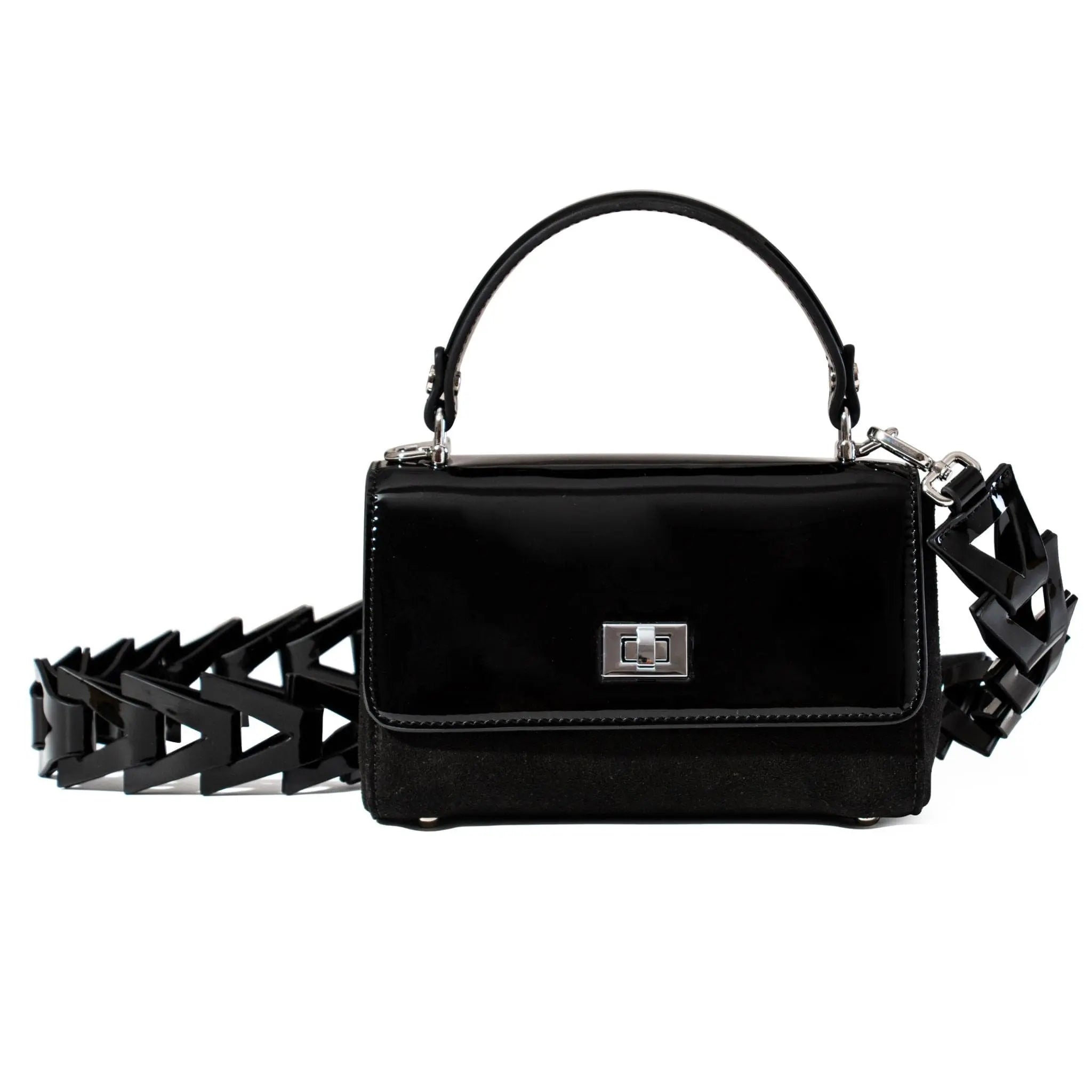 Black handbag with a unique strap design from JURGI Brand