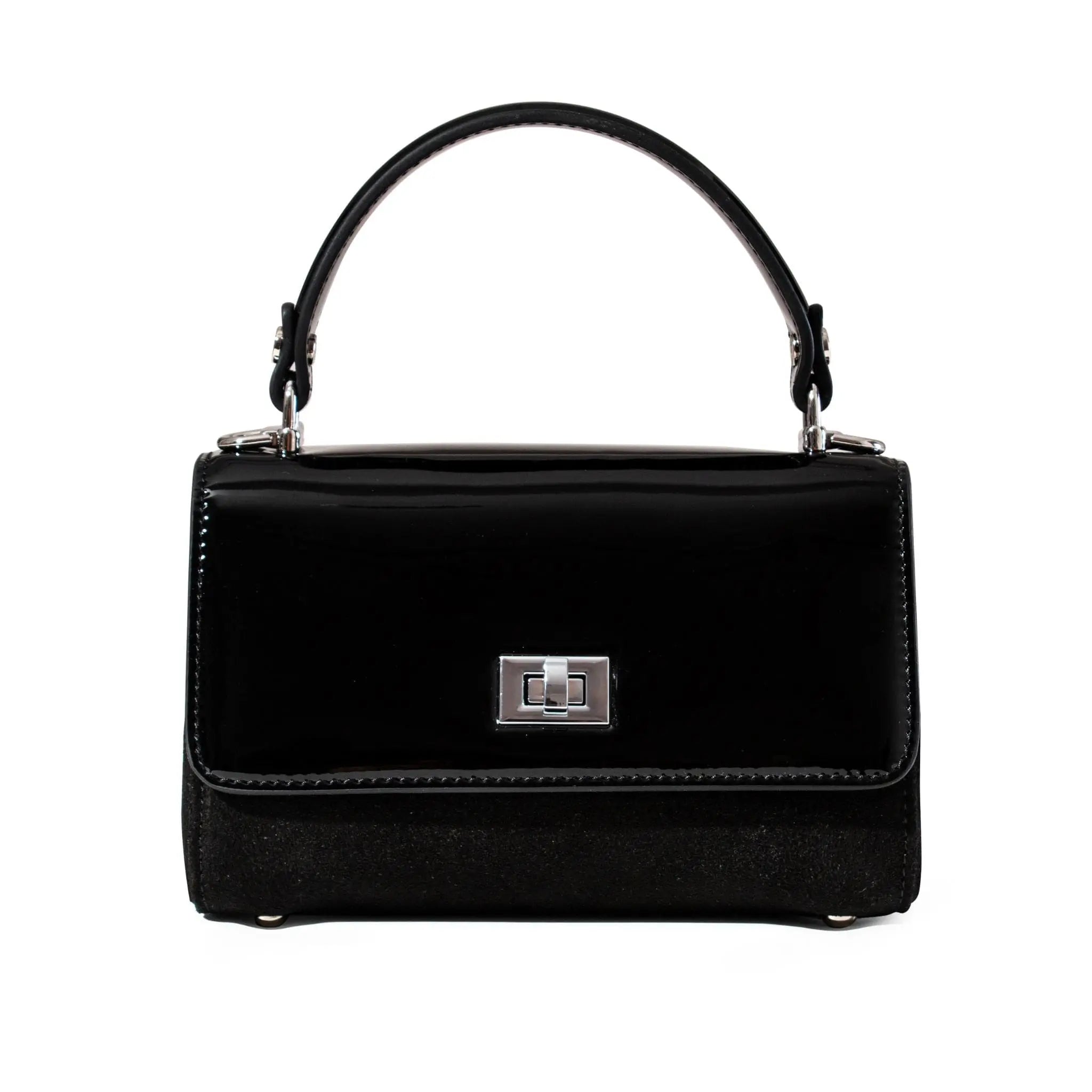 Black handbag with a silver clasp 