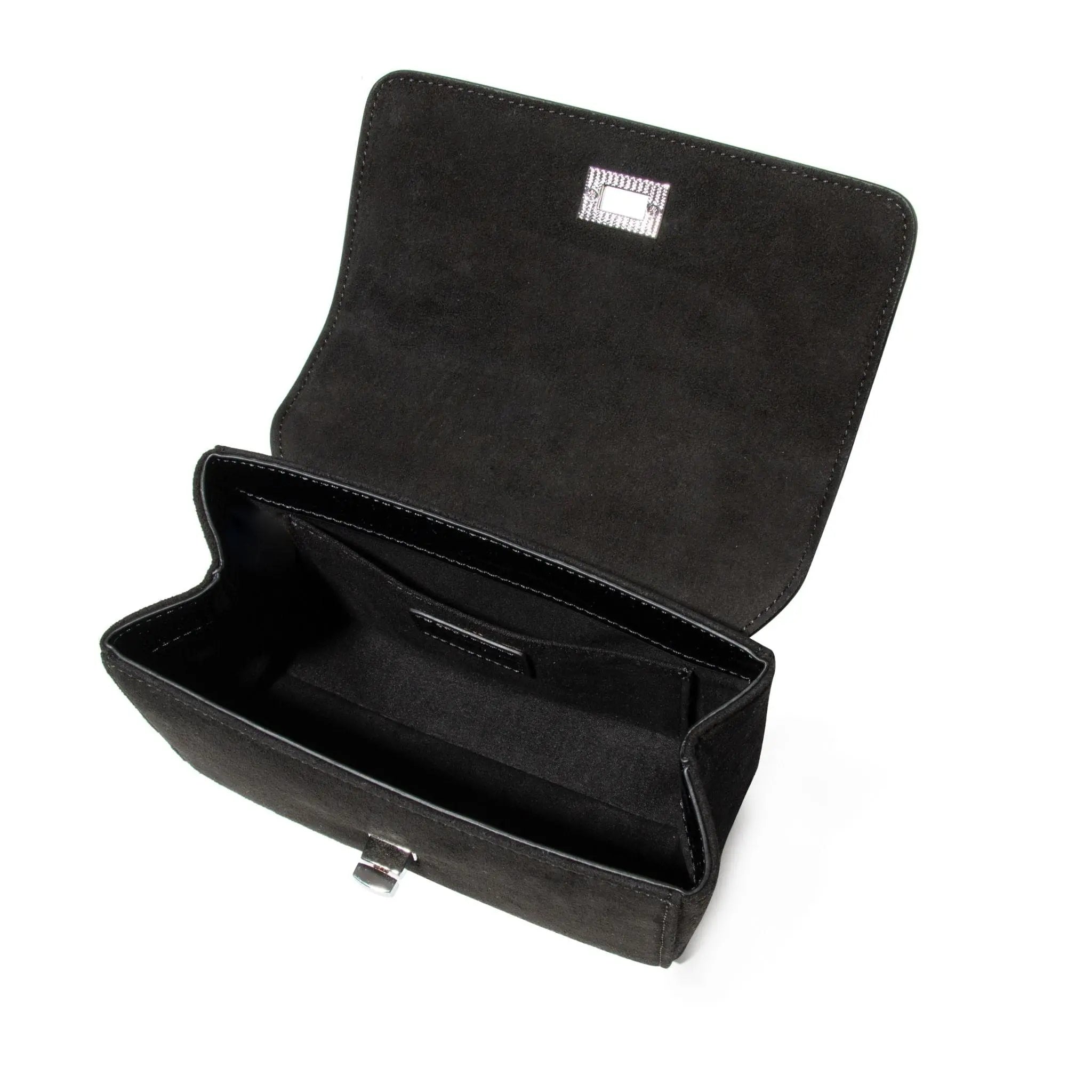 Black Patent Leather & Suede handbag open, cotton lining