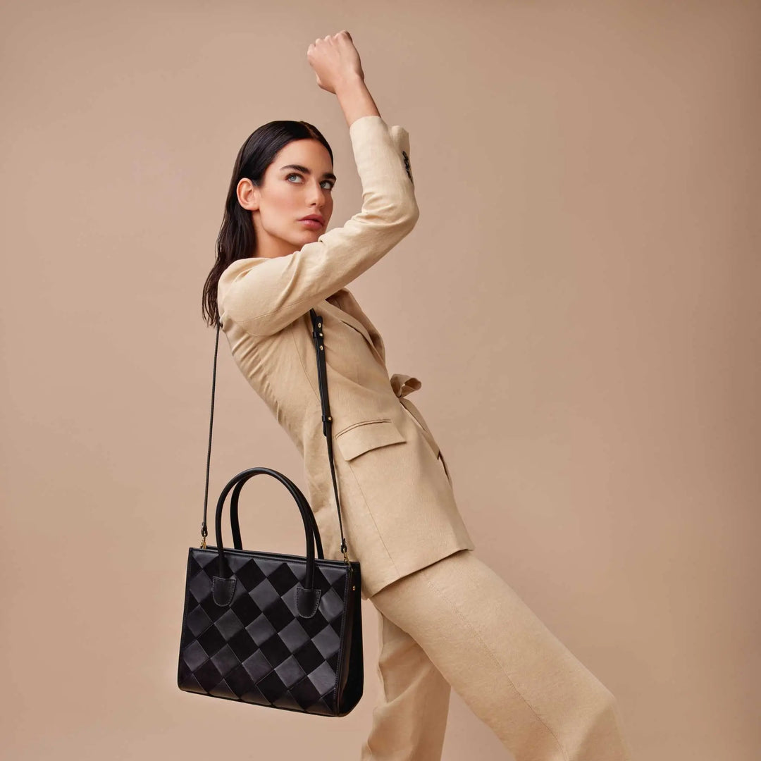 Black woven suede and leather tote bag 