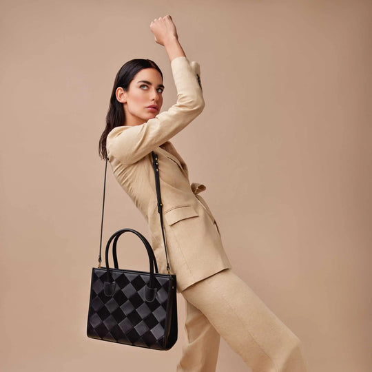 Black woven suede and leather tote bag 