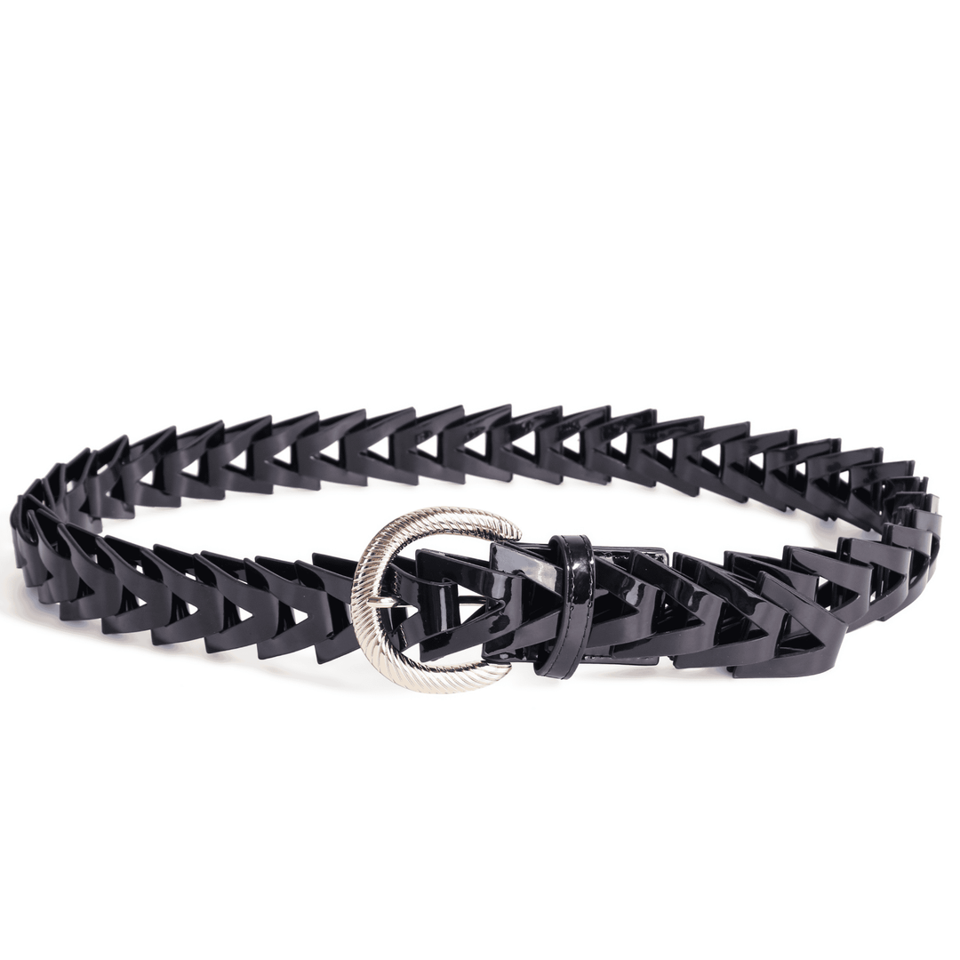 Glossy black geometric belt featuring sculpted triangle links