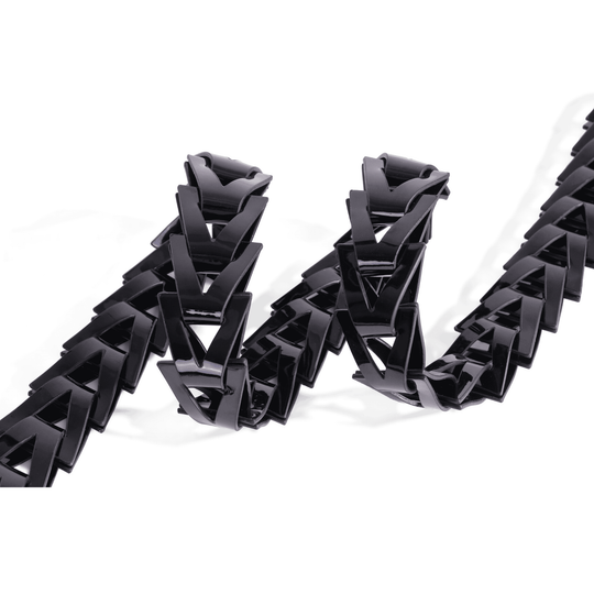 Luxury black belt with textured gold buckle and modern triangle pattern