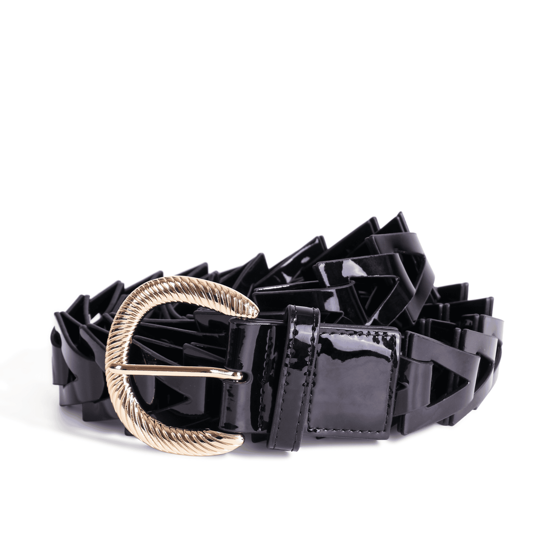 Black patent leather belt with gold curved buckle and triangle loops