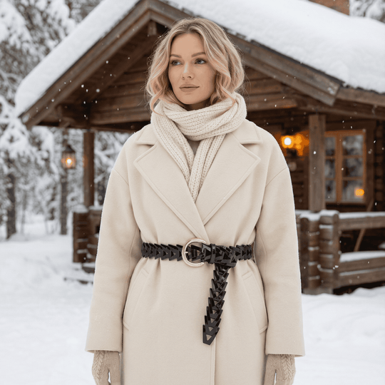 snow and model with coat and black belt 