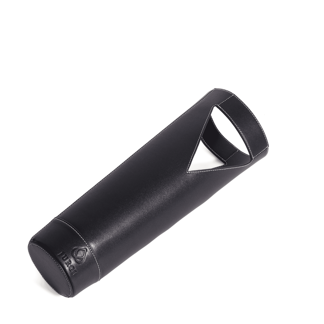 Black leather wine carrier holding a single bottle