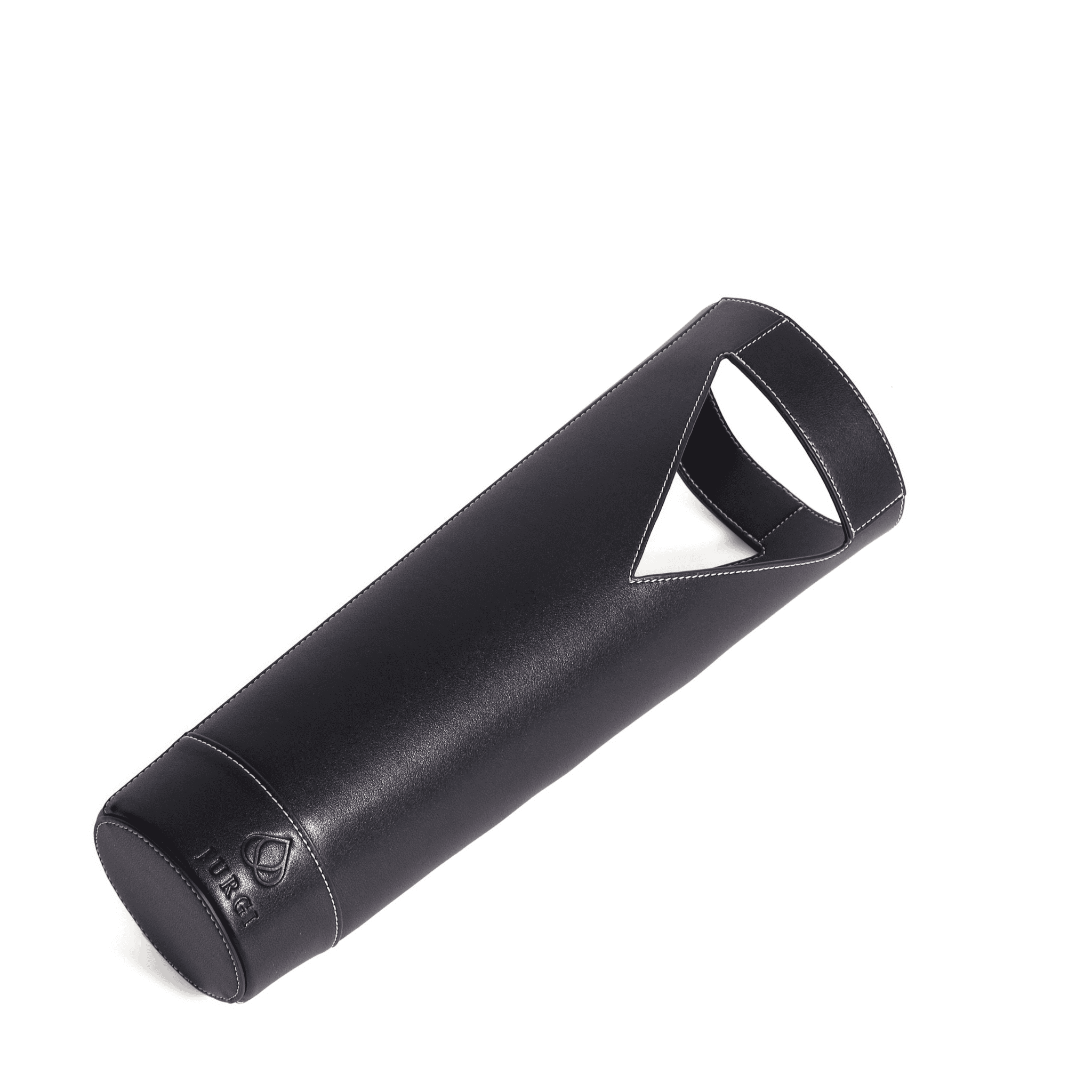 Black leather wine carrier holding a single bottle