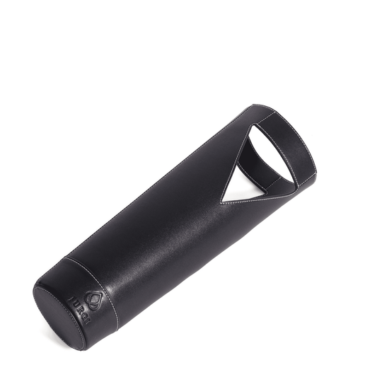 Black leather wine carrier holding a single bottle