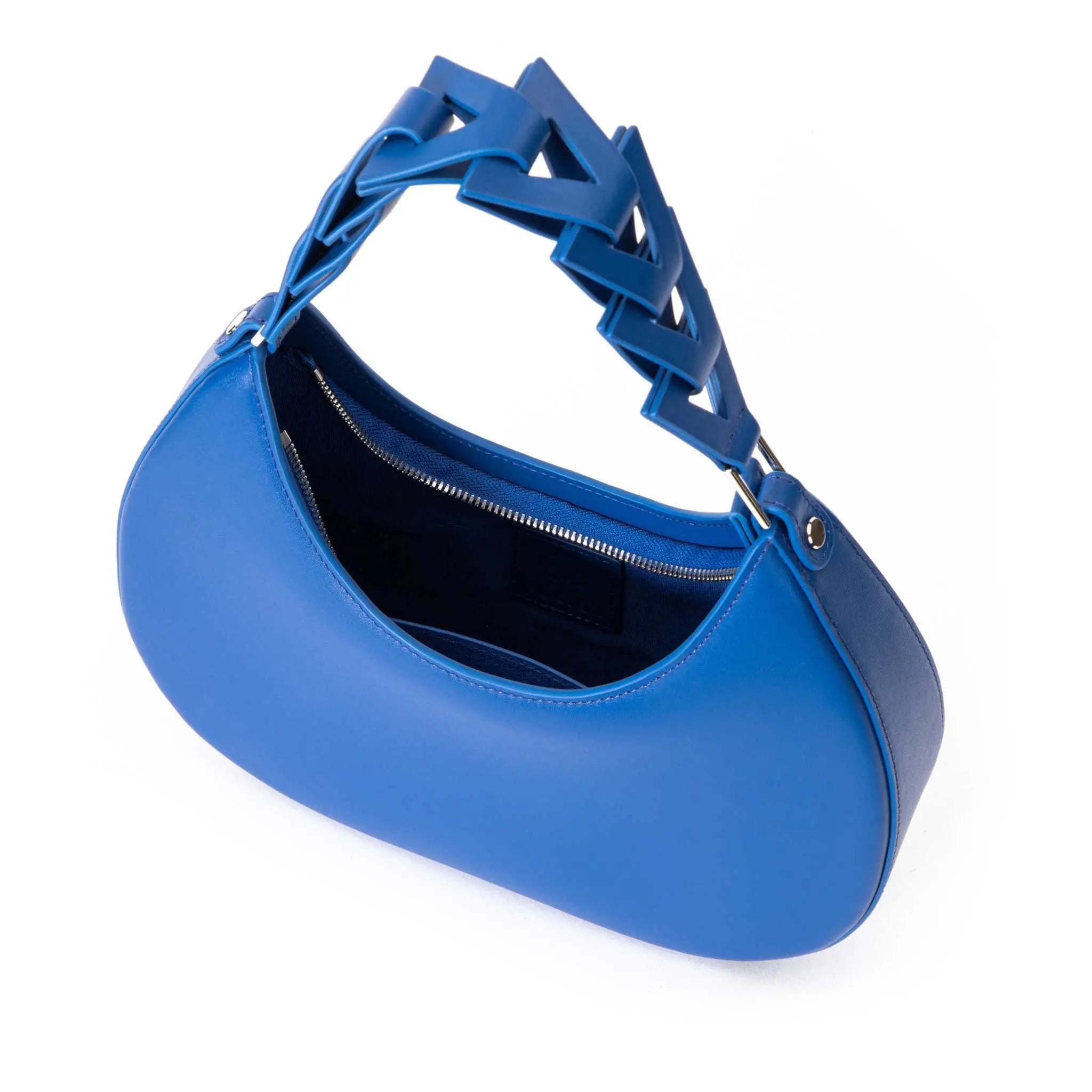 Blue leather looped triangle strap shoulder bag