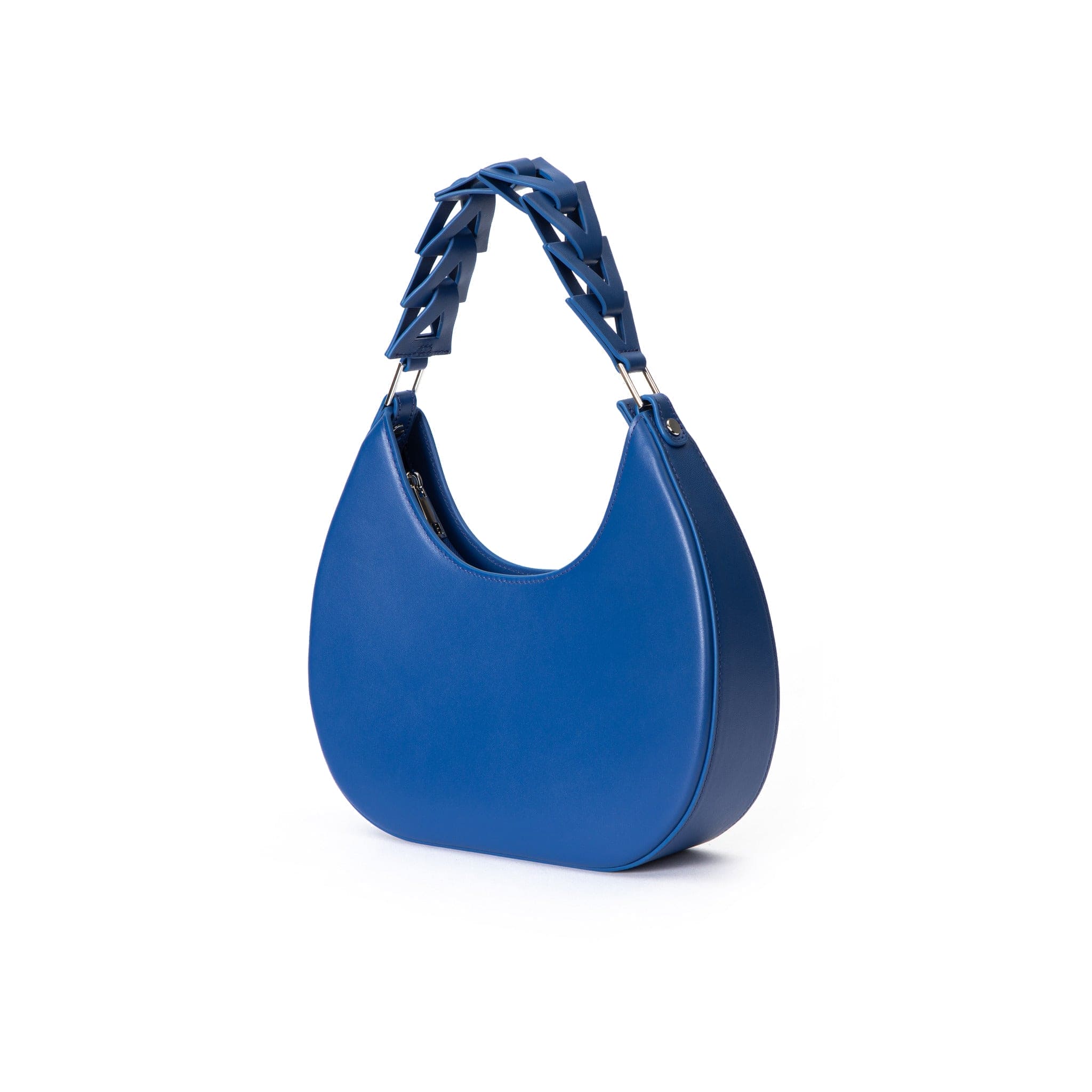 Blue leather shoulder bag, moon shape