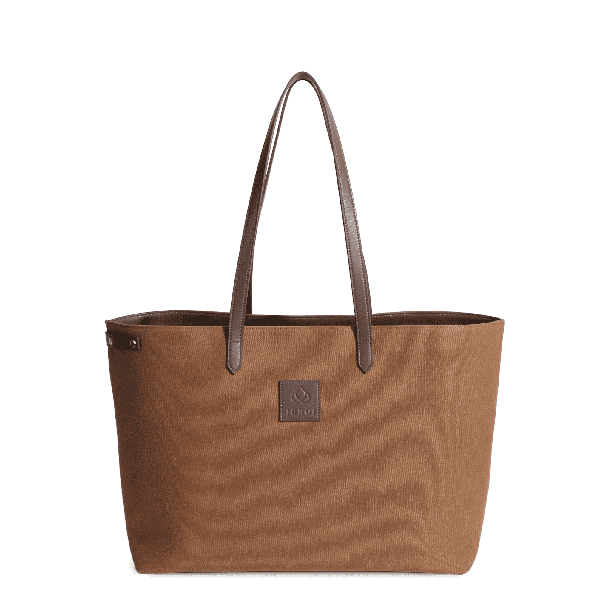 Brown canvas court tote featuring long leather straps