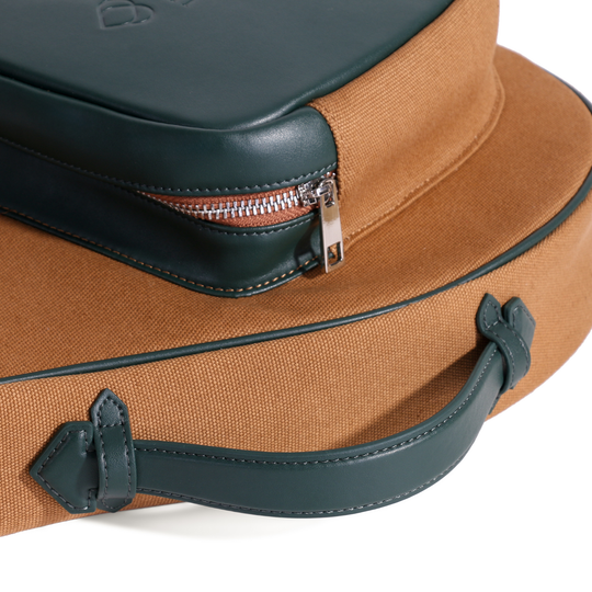 Luxury padel racket bag in brown canvas with green leather accents