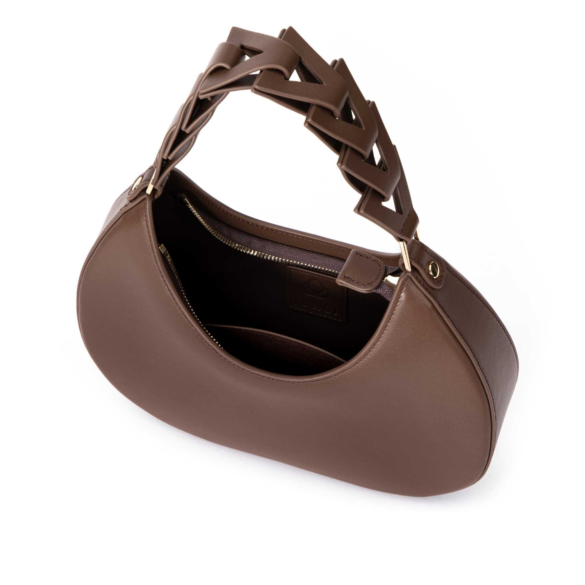 Brown leather shoulder bag, moon shape