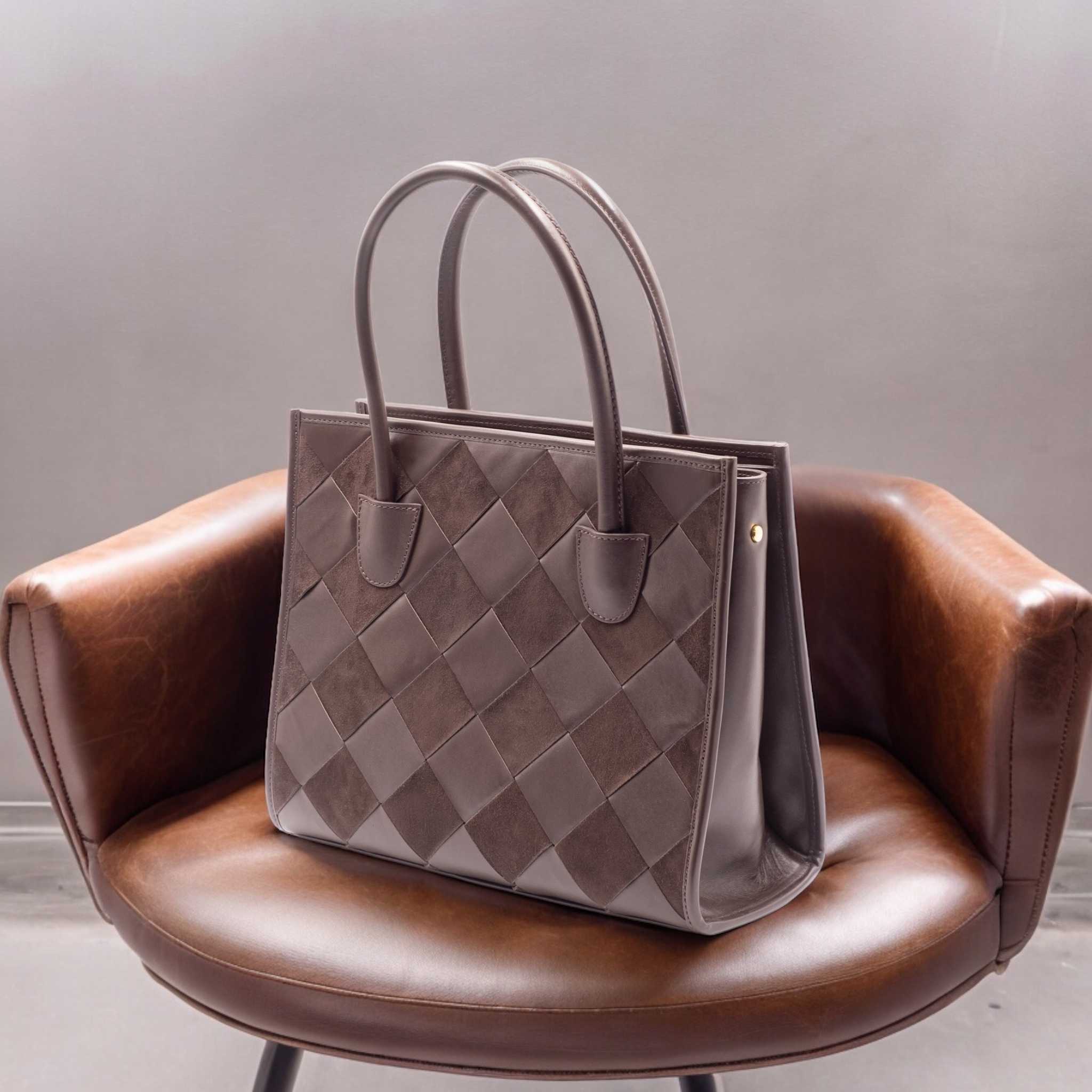 Brown suede and leather woven tote