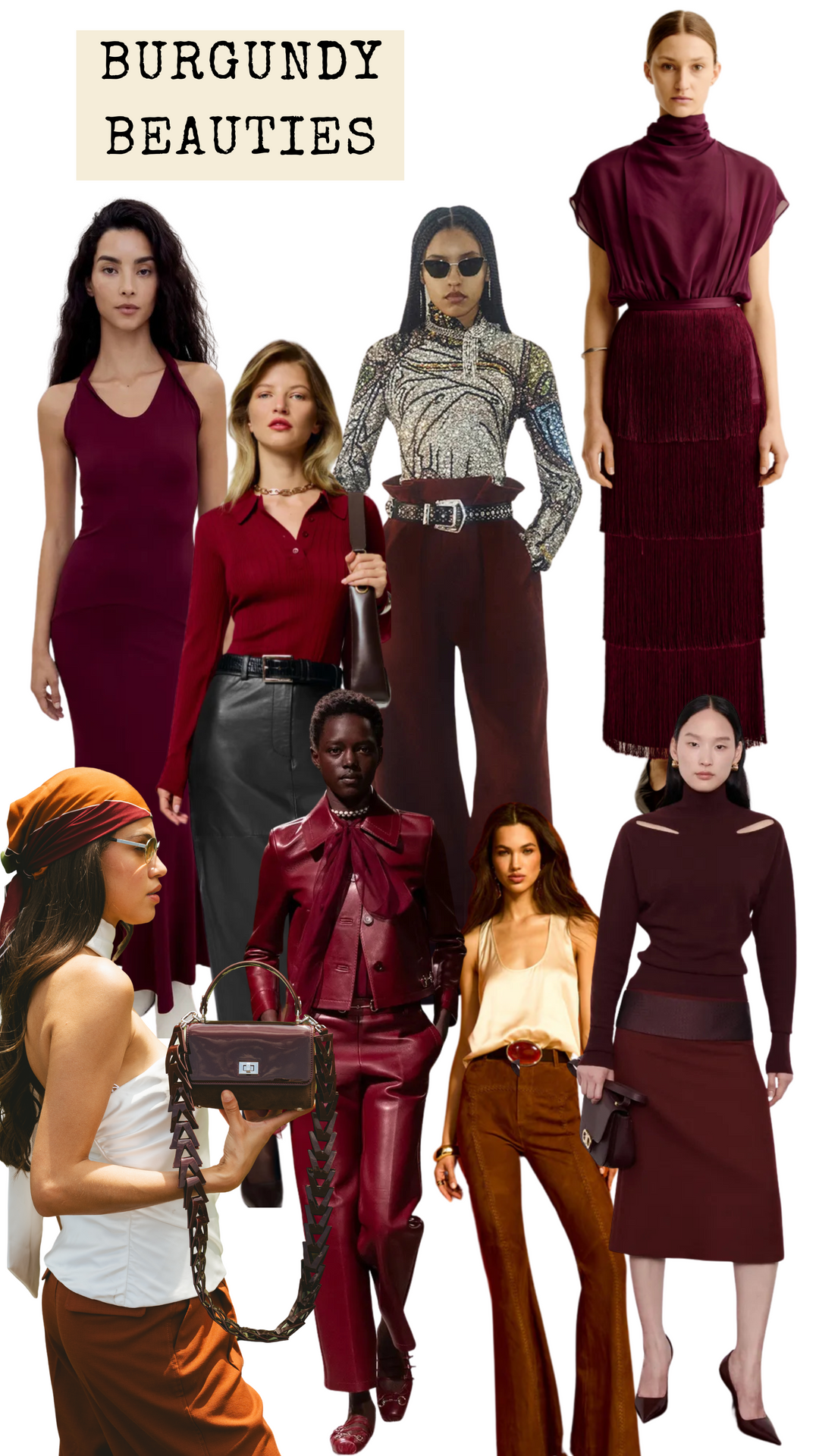 Collection of people wearing burgundy clothing with text 'Burgundy Beauties' above.