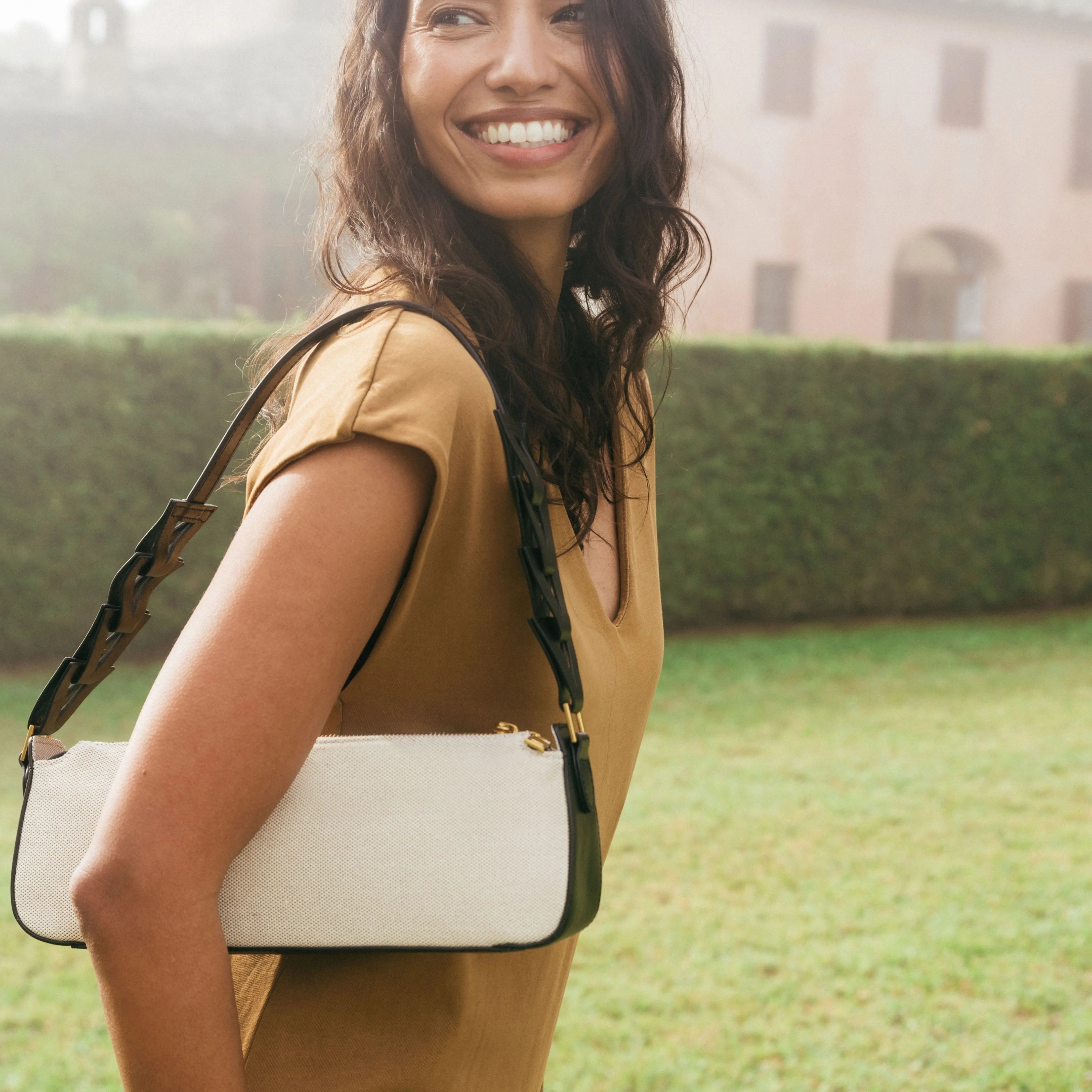 Canvas long shoulder tote bag with zipper with black leather