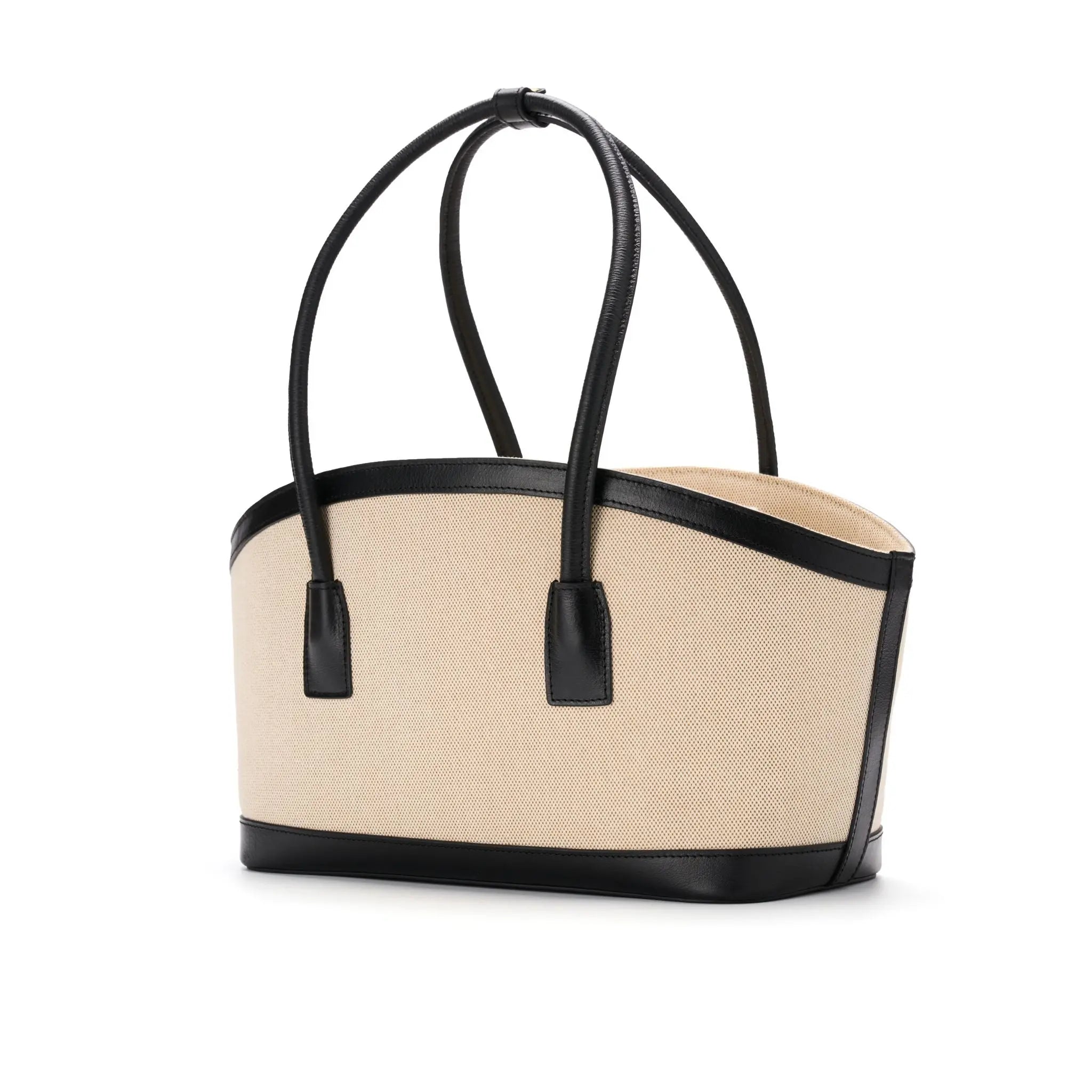 Canvas shoulder tote bag with drawstring closure and black leather details