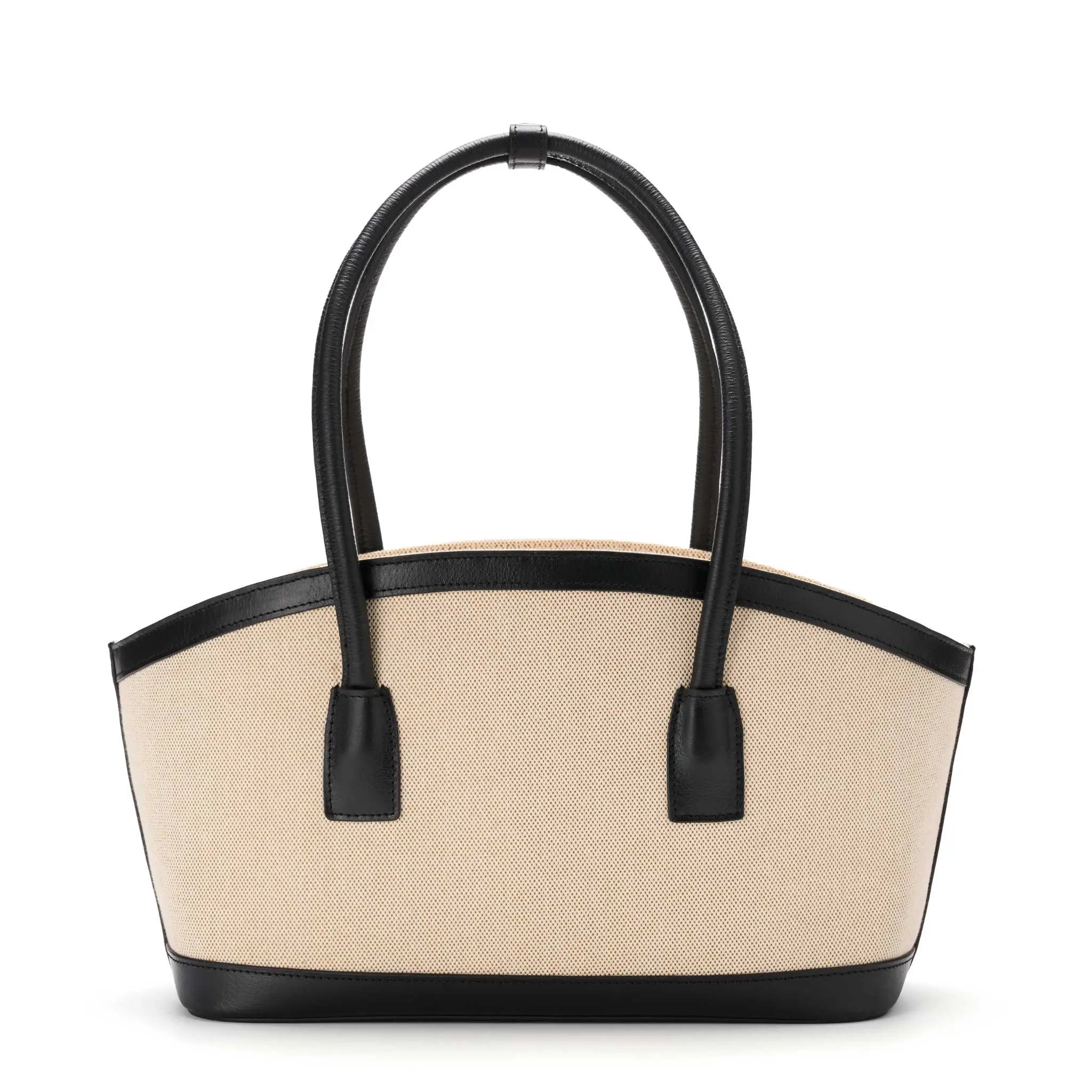 Canvas shoulder tote bag with drawstring closure and black leather details