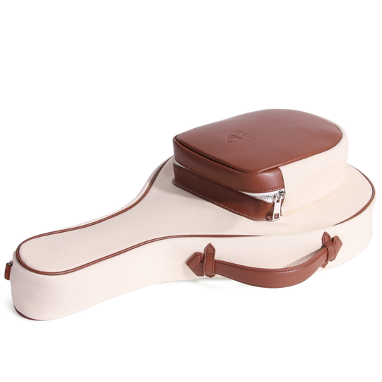 Light canvas padel case with brown leather accessories pocket